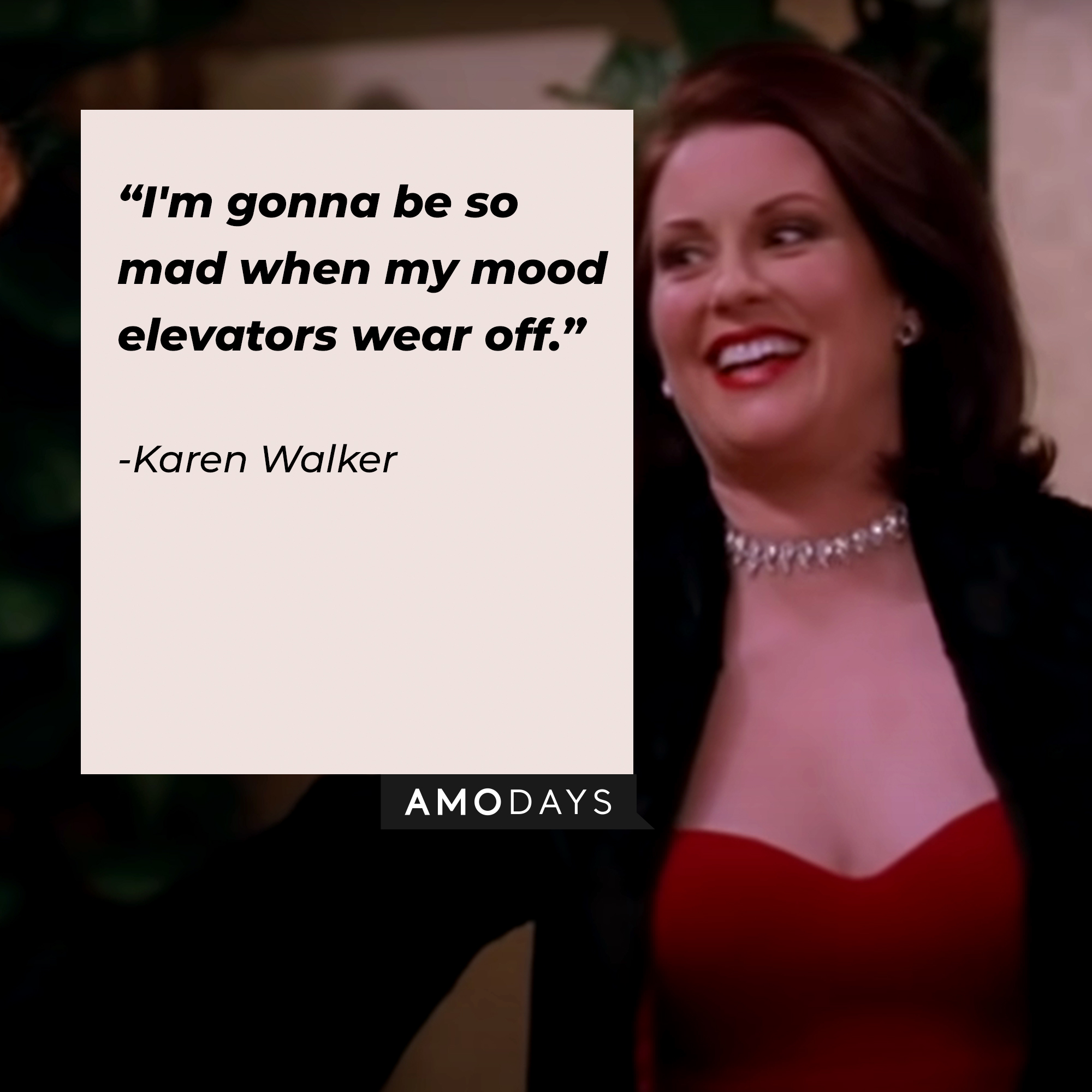 A photo of Karen Walker with the quote, "I'm gonna be so mad when my mood elevators wear off." | Source: YouTube/ComedyBites