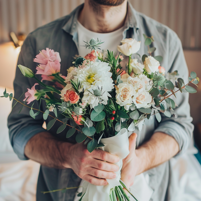 A closeup shot of a man holding a bouquet of flowers | Source: Midjourney