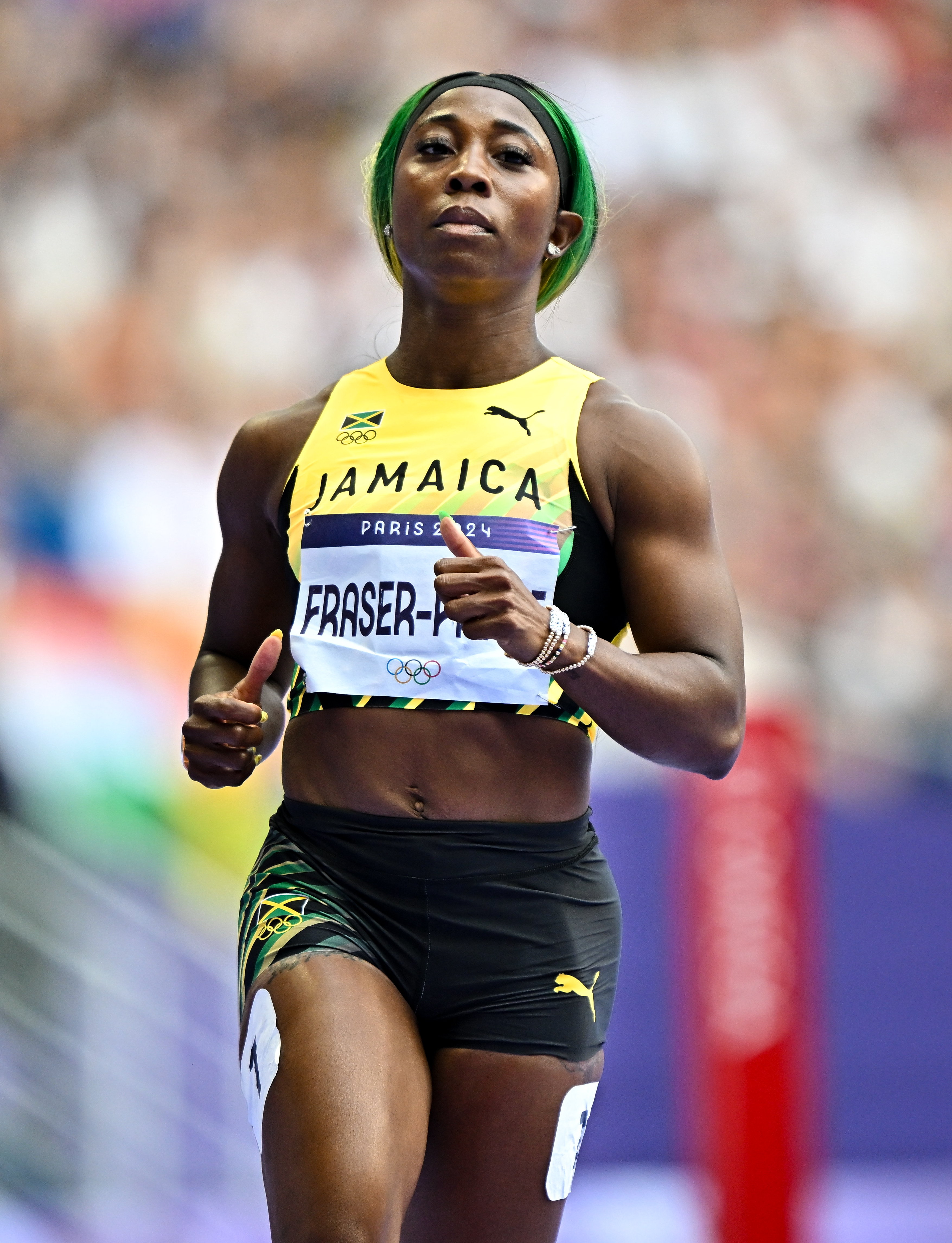 Shelly-Ann Fraser-Pryce after finishing 2nd during Round 1 of the Women's 100m during the 2024 Paris Summer Olympic Games on August 2, 2024, in Paris, France. | Source: Getty Images