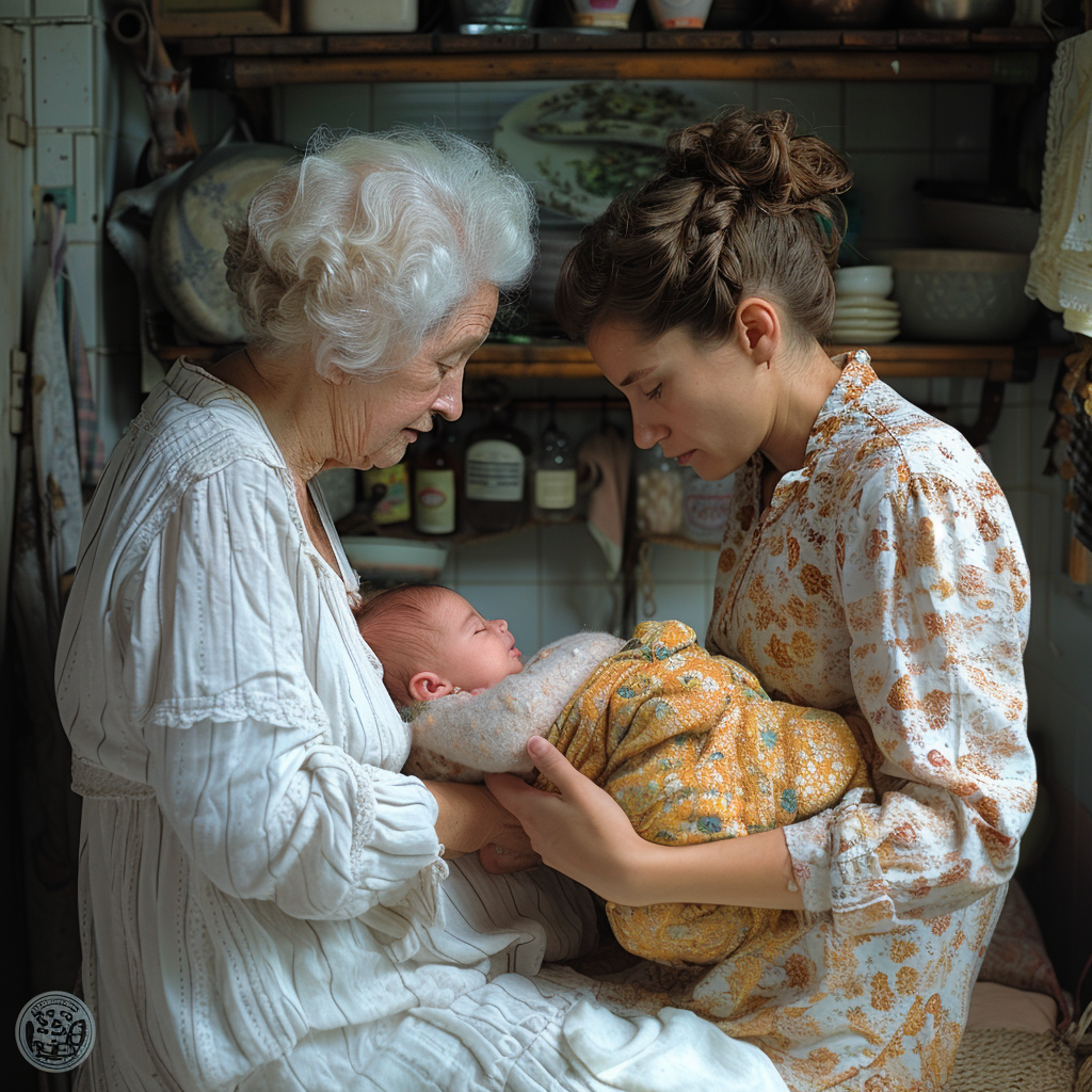 Allison and her mother-in-law cradle her son | Source: Midjourney