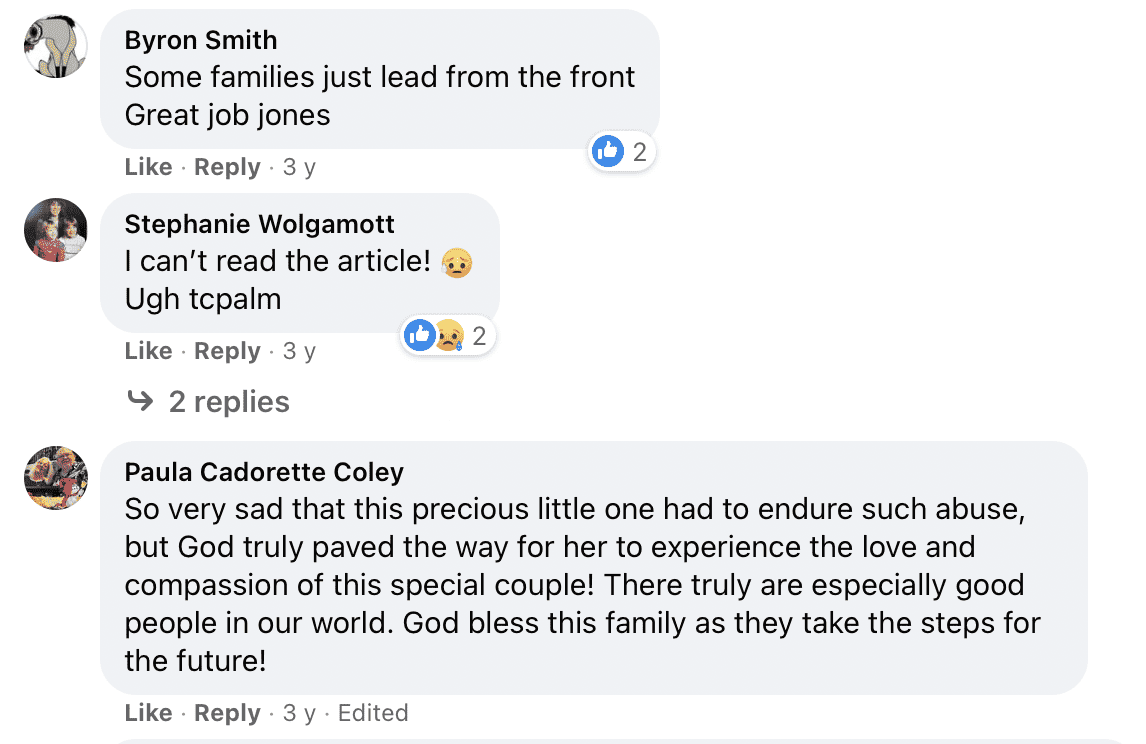 Netizens left comments on TC Palm's Facebook post about Maci's adoption. | Photo: facebook.com/tcpalm