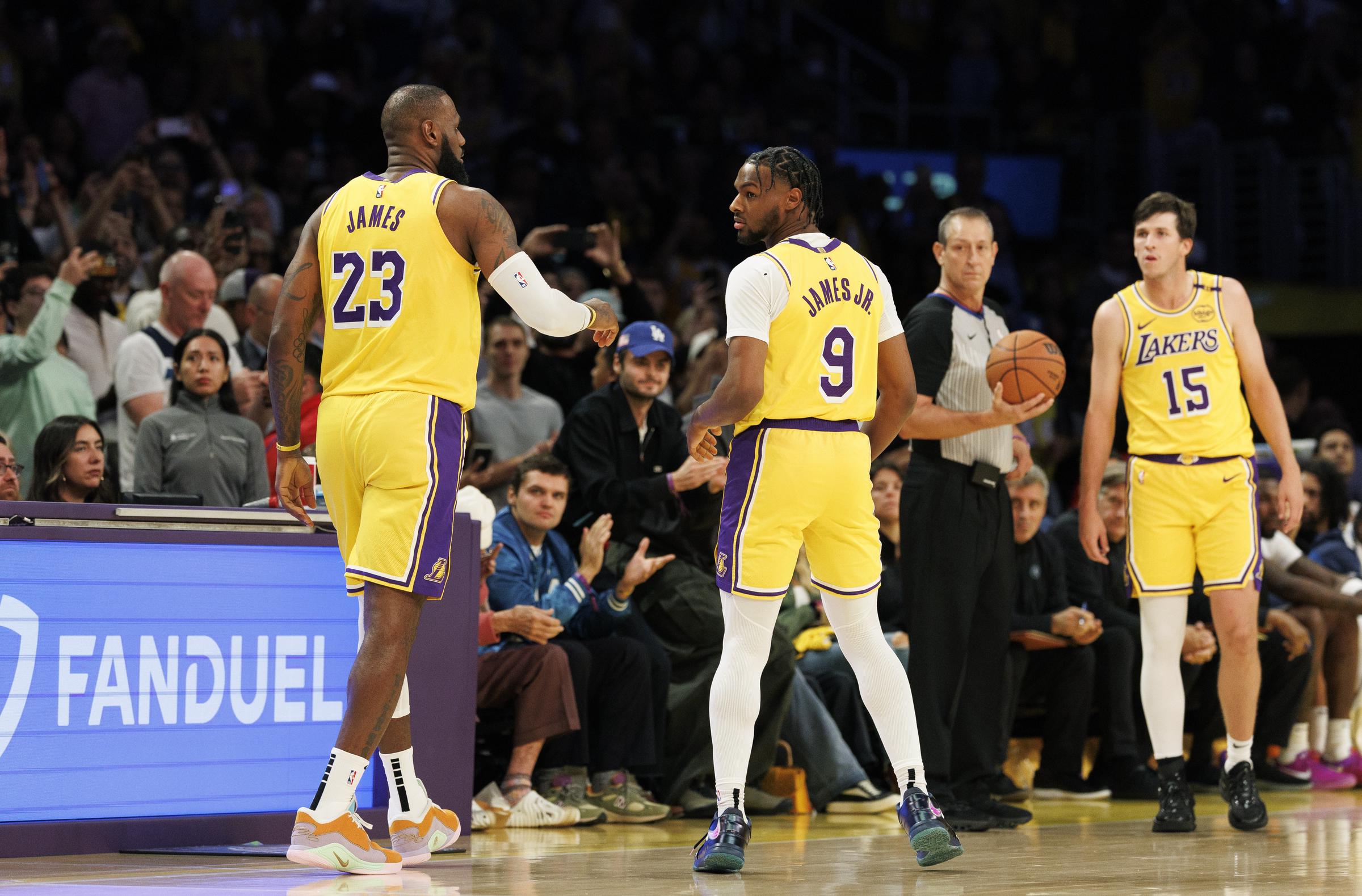 LeBron and Bronny James during the Minnesota Timberwolves vs Los Angeles Lakers game on October 22, 2024, at Crypto.com Arena in Los Angeles, California | Source: Getty Images