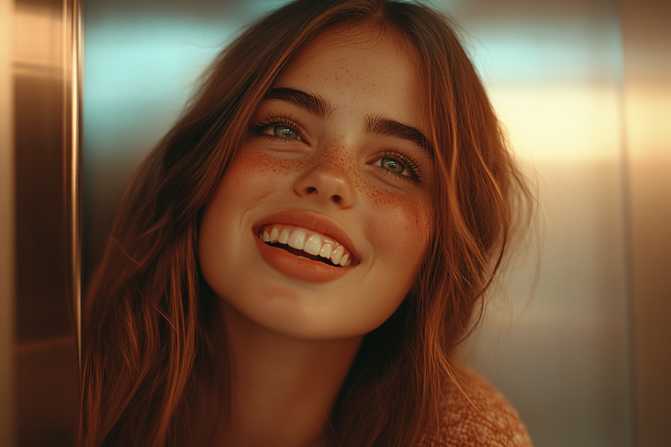 A young woman laughing in a lift | Source: Midjourney