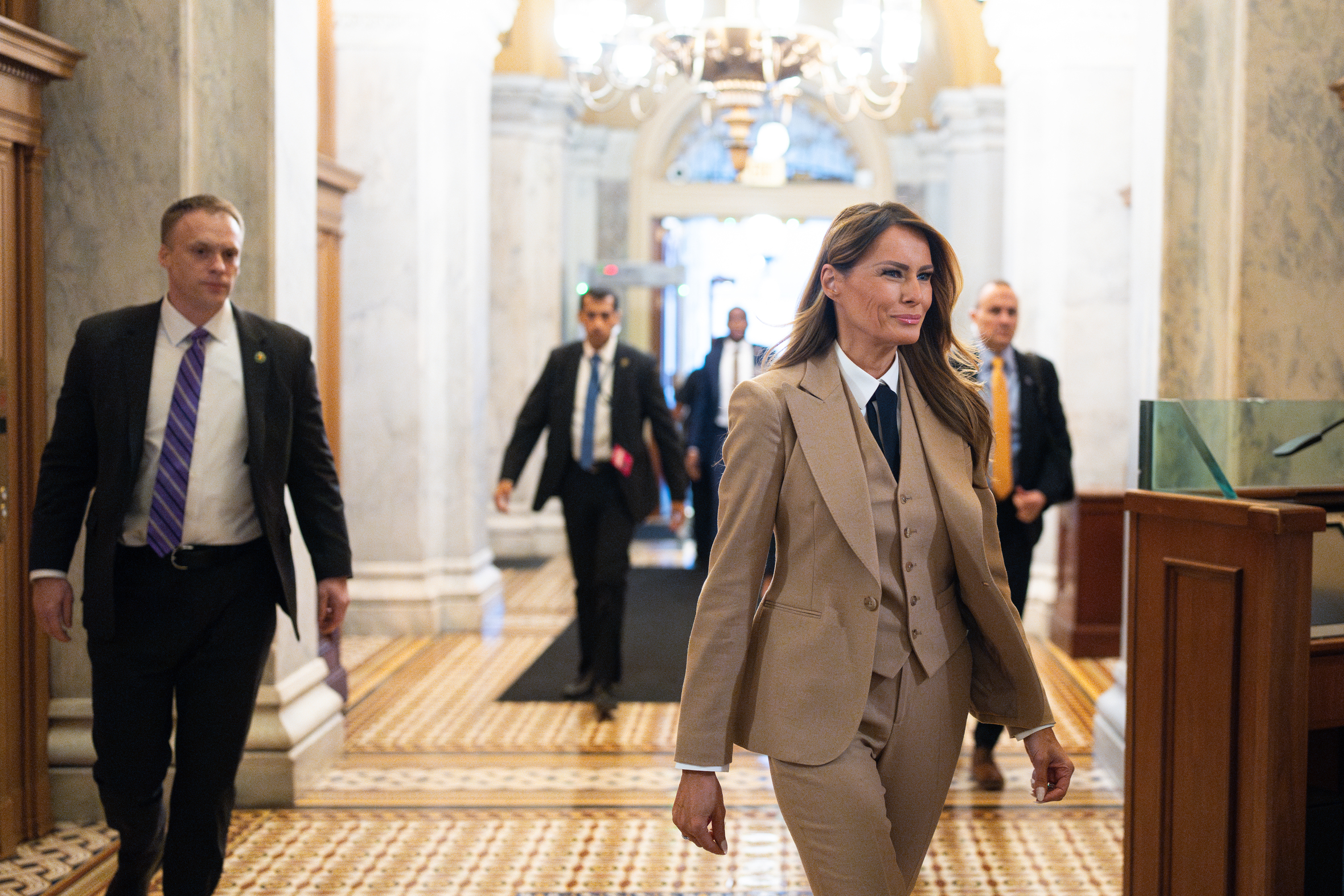 First lady Melania Trump arrives in the U.S. Capitol through the Senate Carriage Entrance on March 3, 2025. | Source: Getty Images