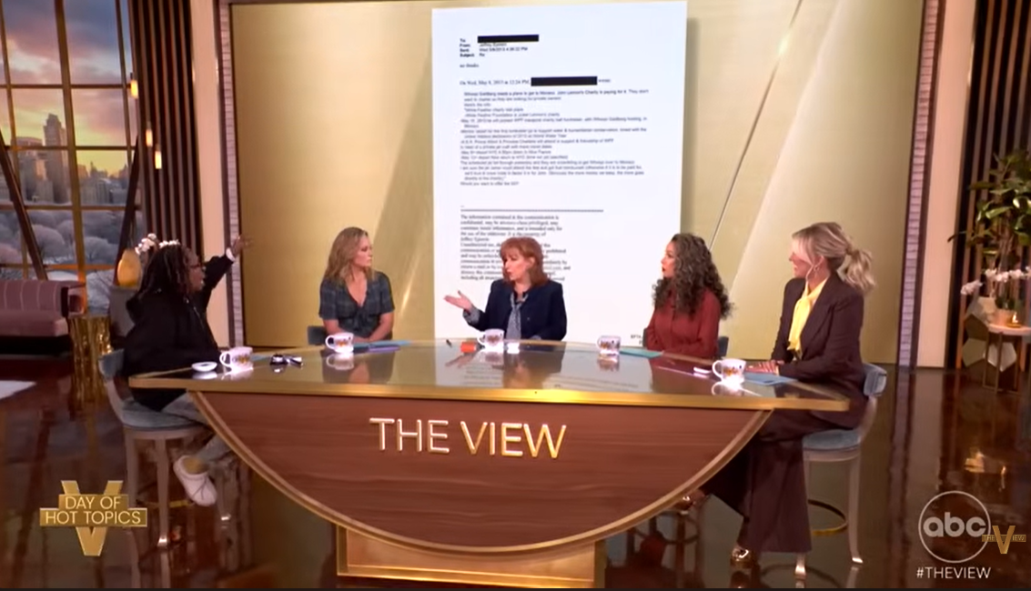 Whoopi Goldberg gestures toward the displayed document as Joy Behar speaks during the on-air discussion | Source: YouTube/TheView
