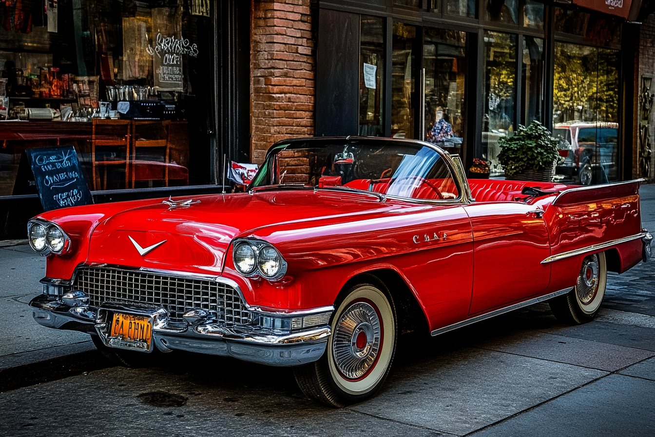 A vintage red convertible on the street | Source: Midjourney