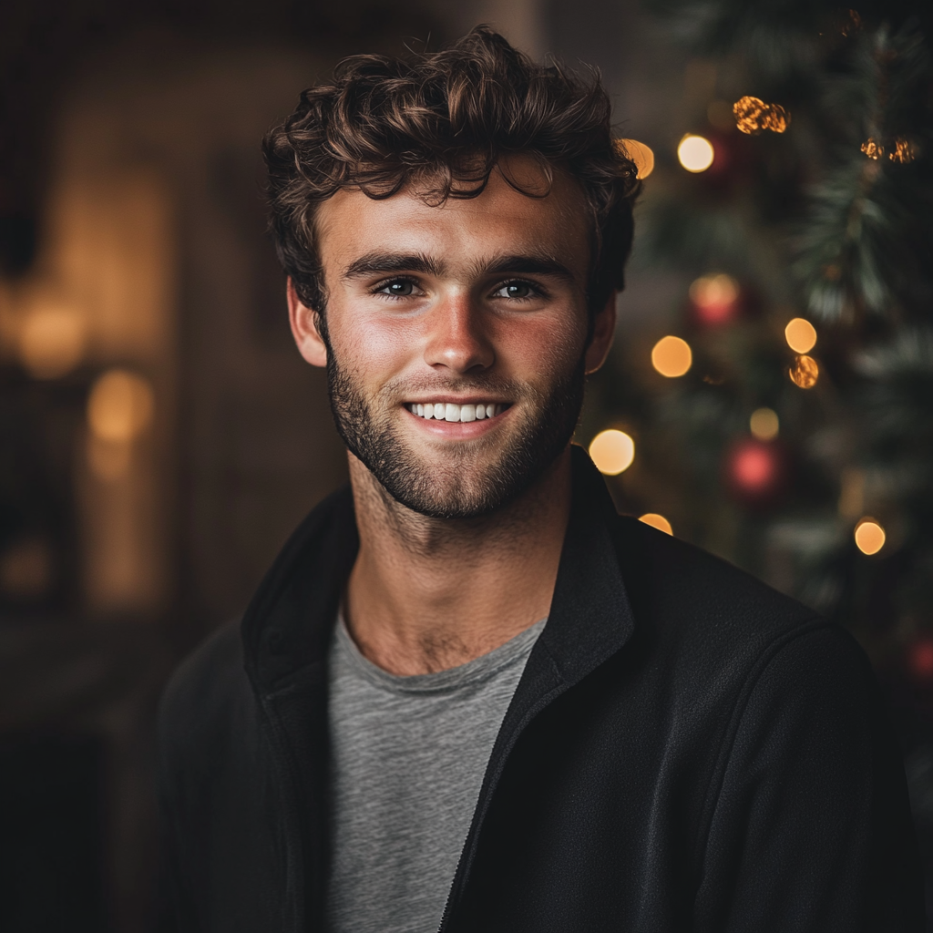 A man smiling against the backdrop of Christmas decorations | Source: Midjourney