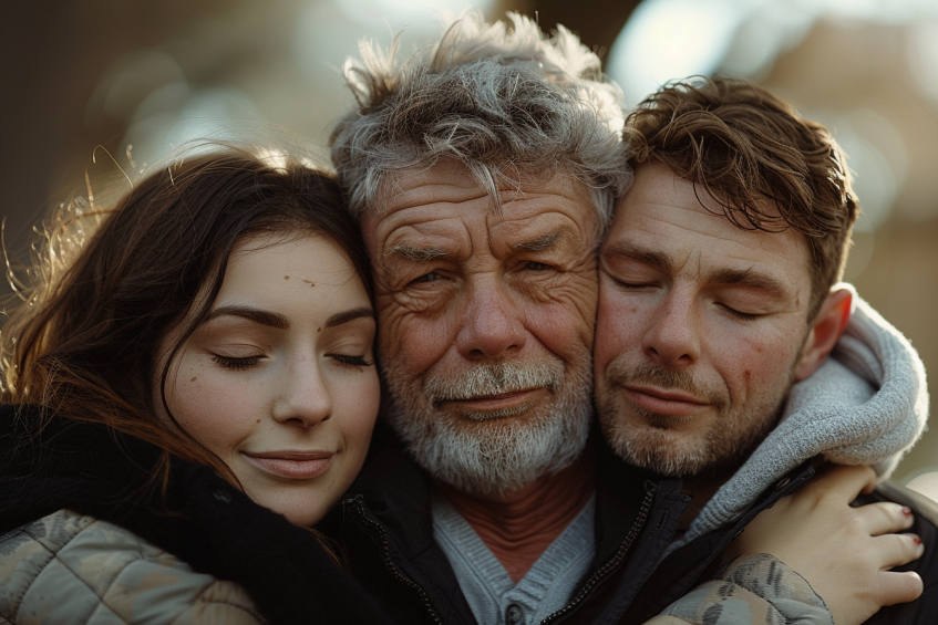 A young couple being embraced by an older man | Source: Midjourney