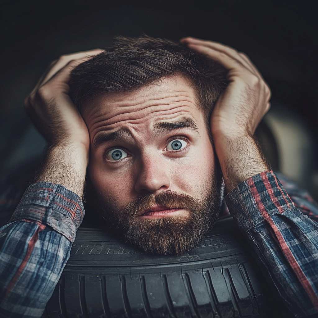 A man looking worried with a tire around his neck | Source: Midjourney