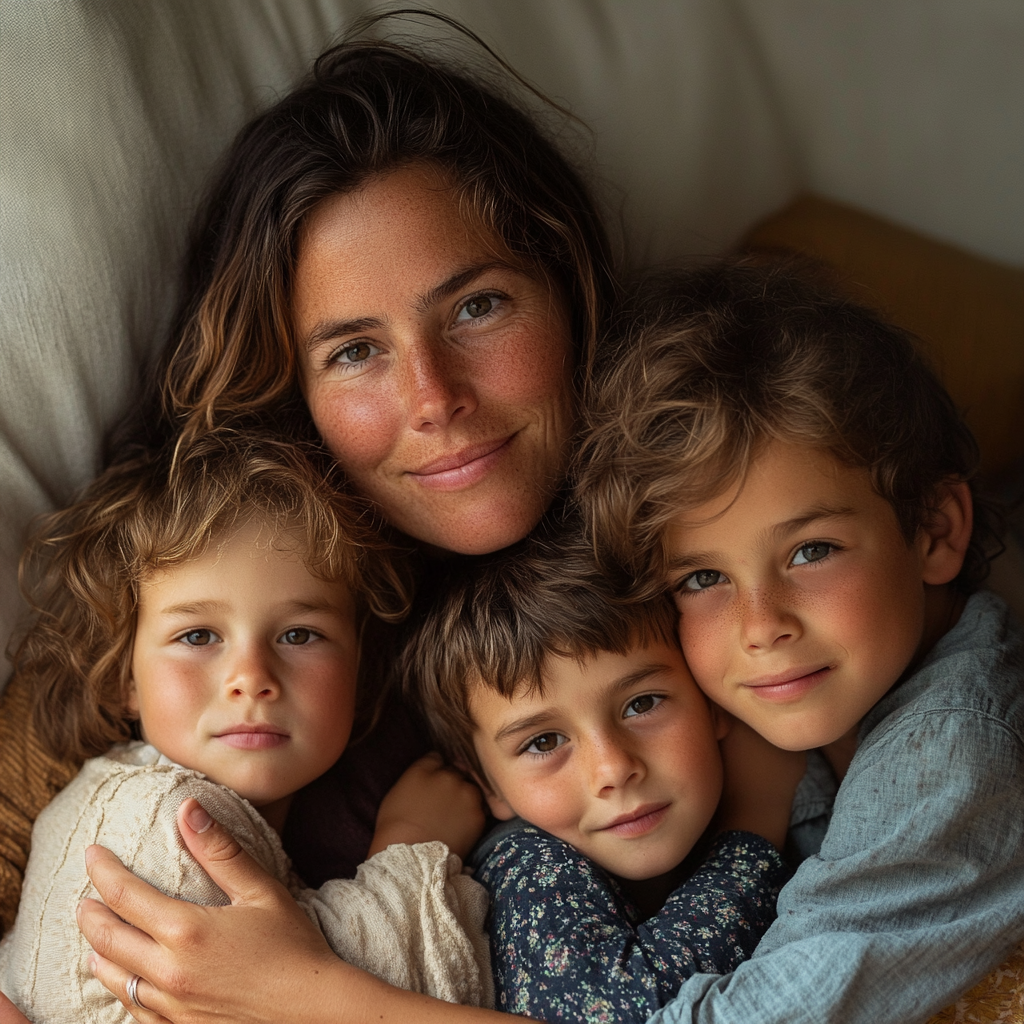 Woman hugging her three children | Source: Midjourney