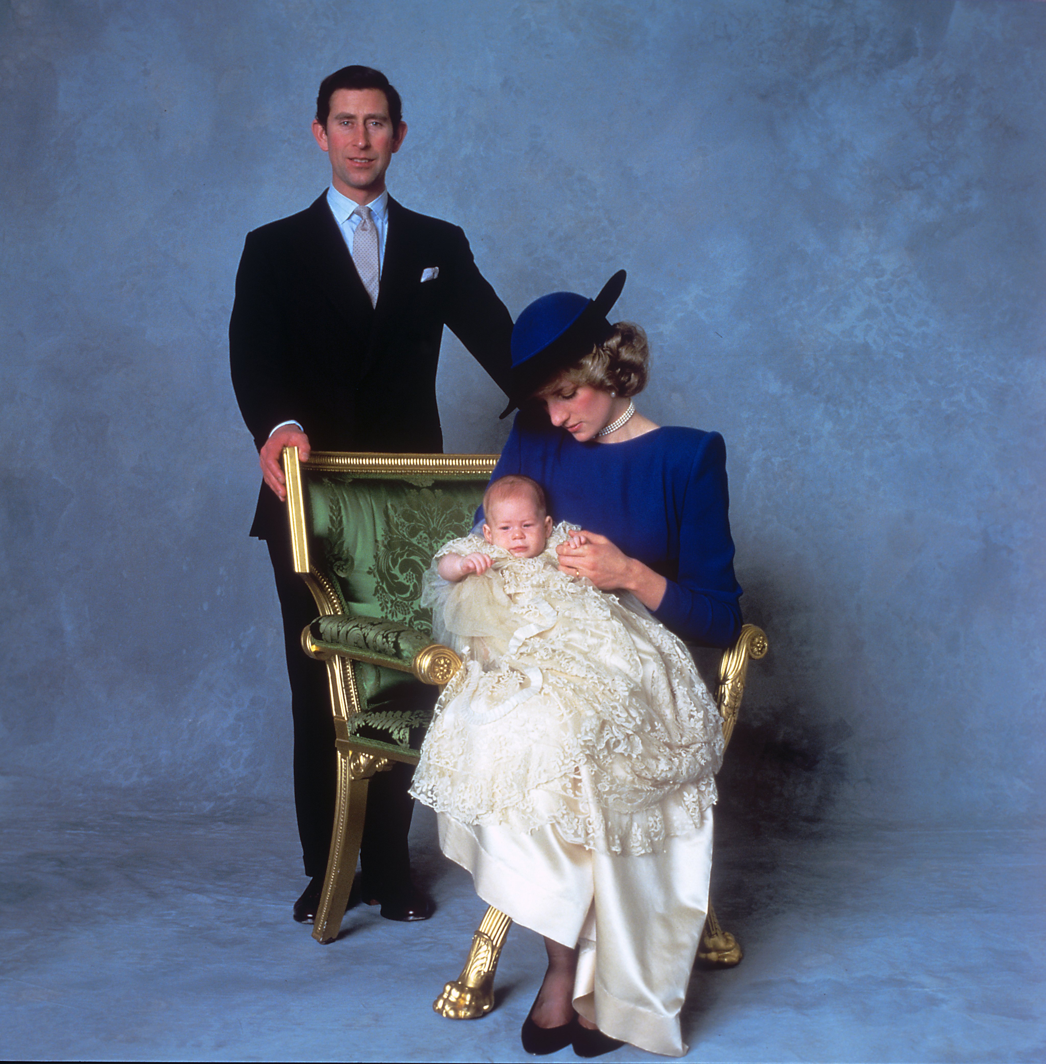 Prince Harry, Prince Andrew, and Princess Diana pose for a portrait at Prince Harry's christening in Windsor, England. December 21, 1984 | Source: Getty Images 