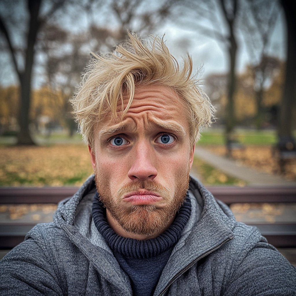 An upset man sitting on a park bench | Source: Midjourney