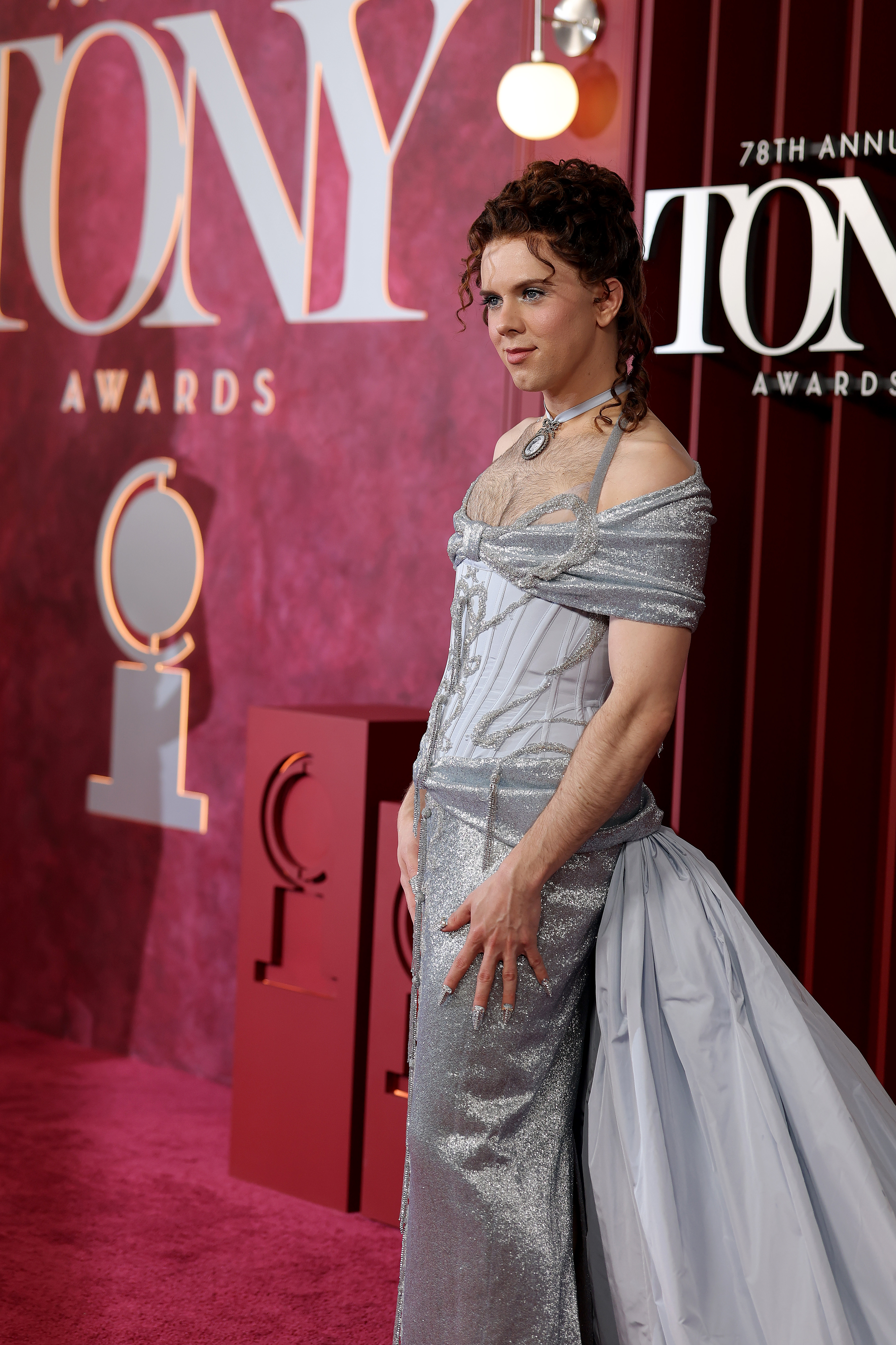 Cole Escola in their shimmering silver dress and a silver choker outfit at the 78th Tony Awards held at Radio City Music Hall in New York City on June 8, 2025.