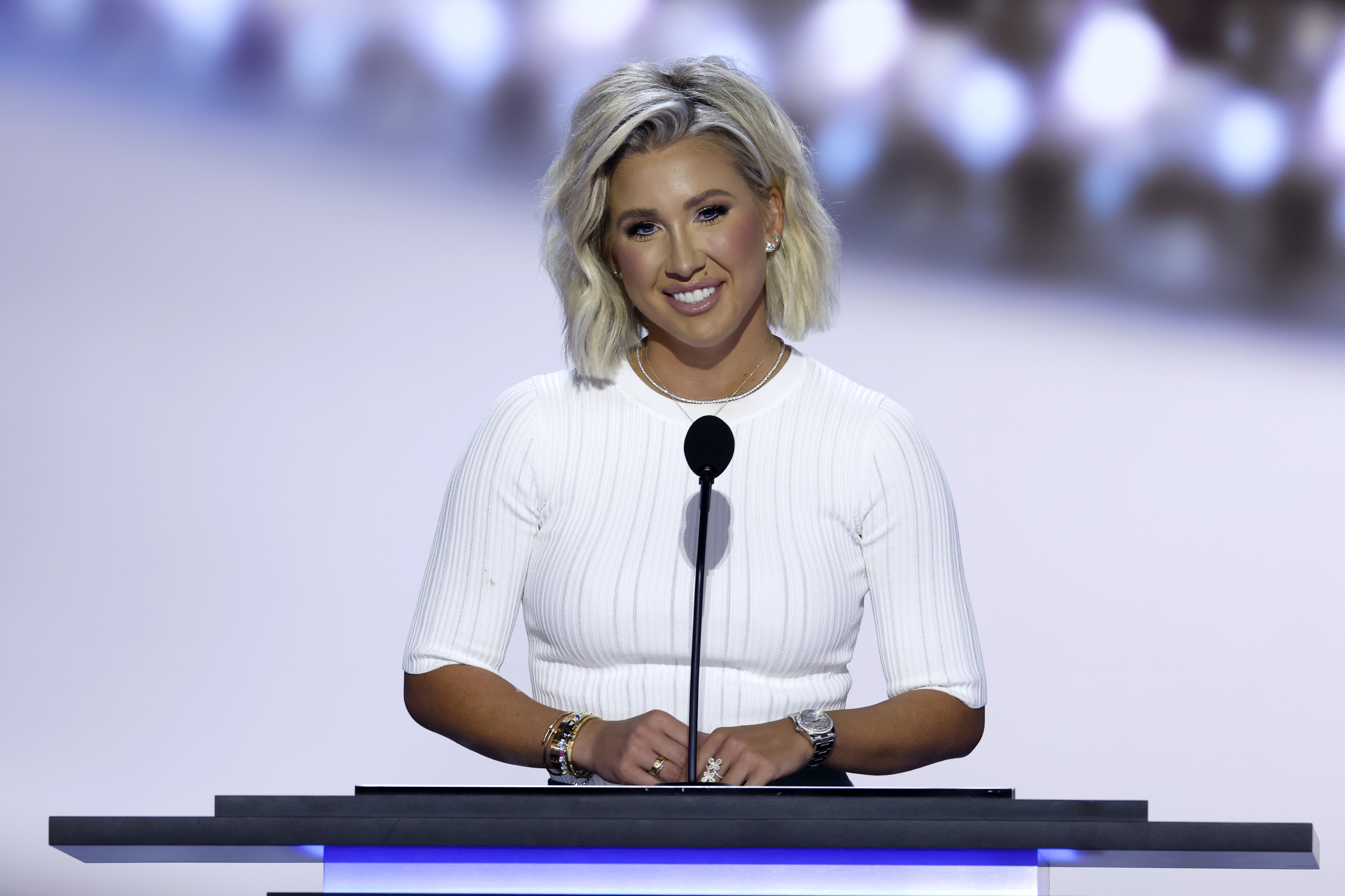 Reality TV star Savannah Chrisley speaks on stage on the second day of the Republican National Convention at the Fiserv Forum on July 16, 2024, in Milwaukee, Wisconsin. | Source: Getty Images