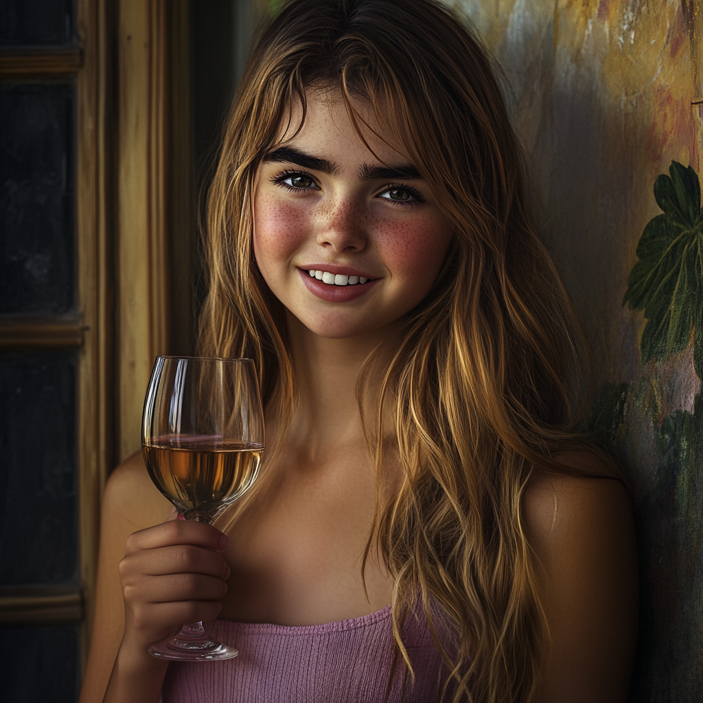 A young woman holding a glass of wine | Source: Midjourney