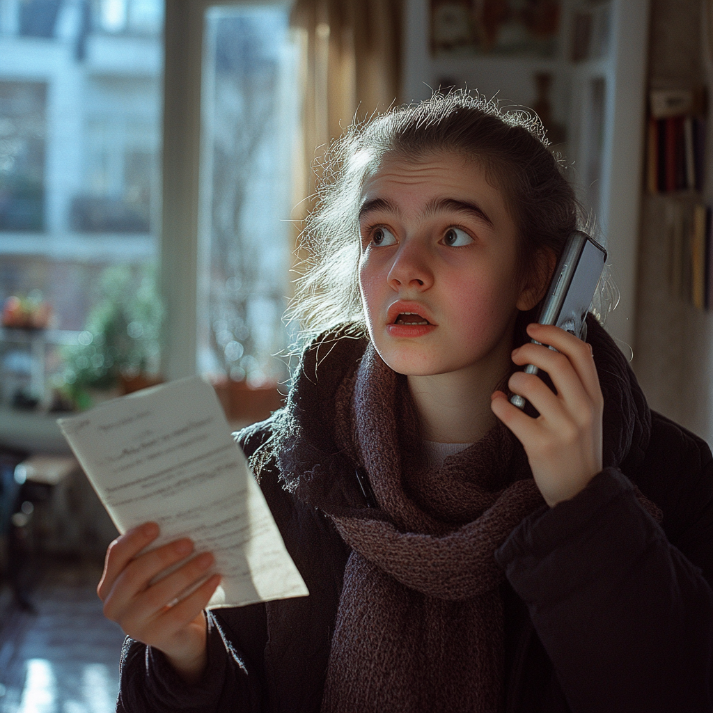 A shocked young woman holding a letter while calling the police | Source: Midjourney