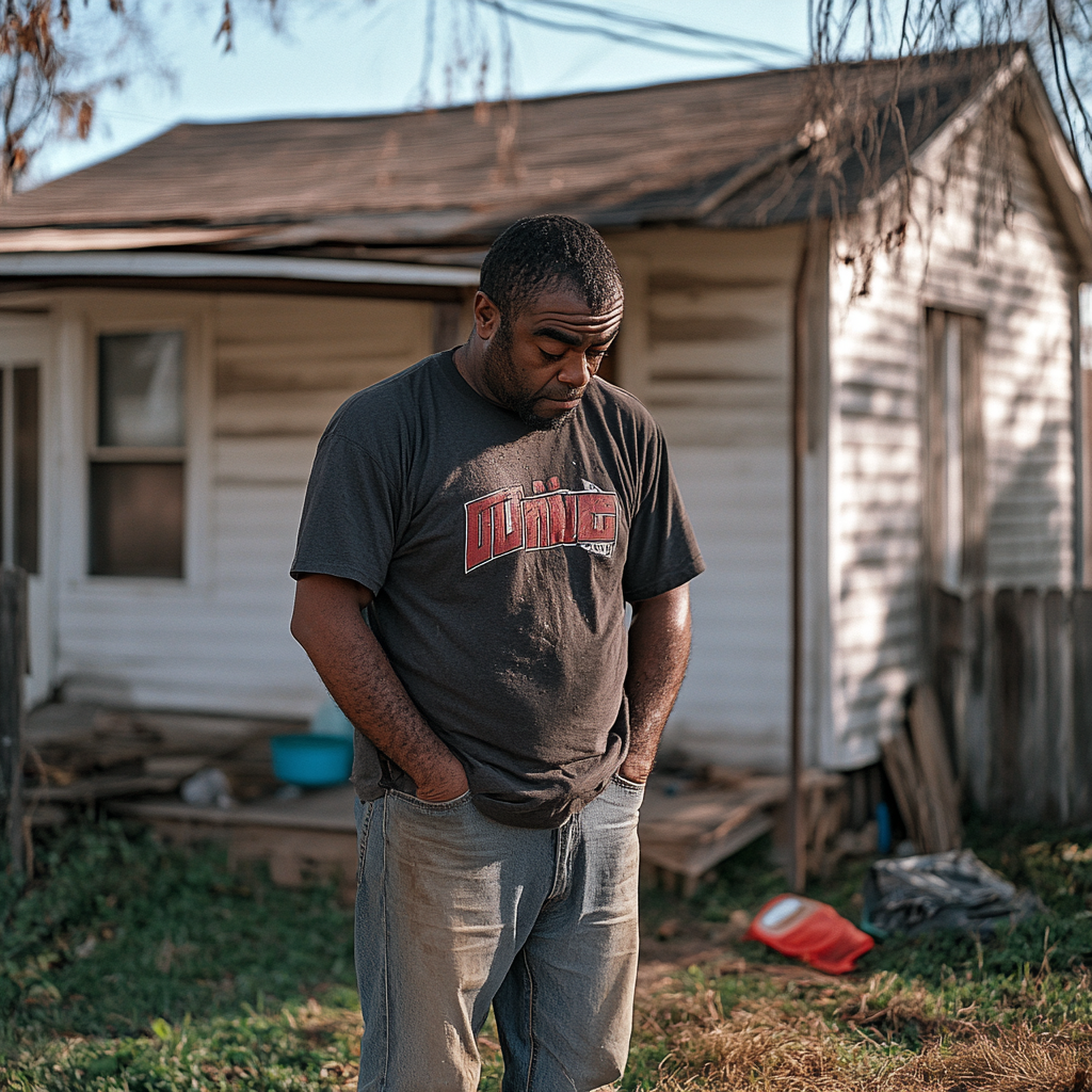 A handyman standing in his yard with his head down | Source: Midjourney