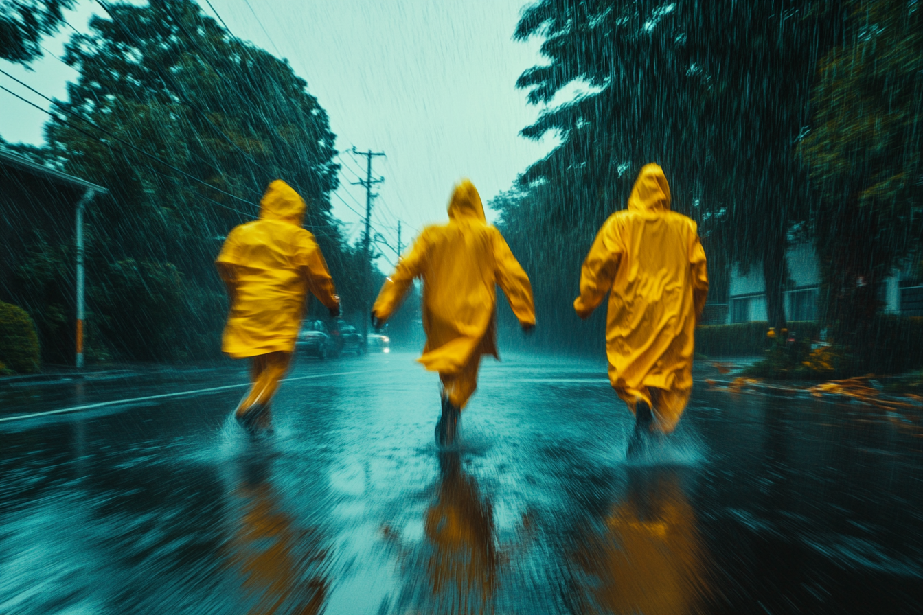 Three people walking during a bad storm | Source: Midjourney