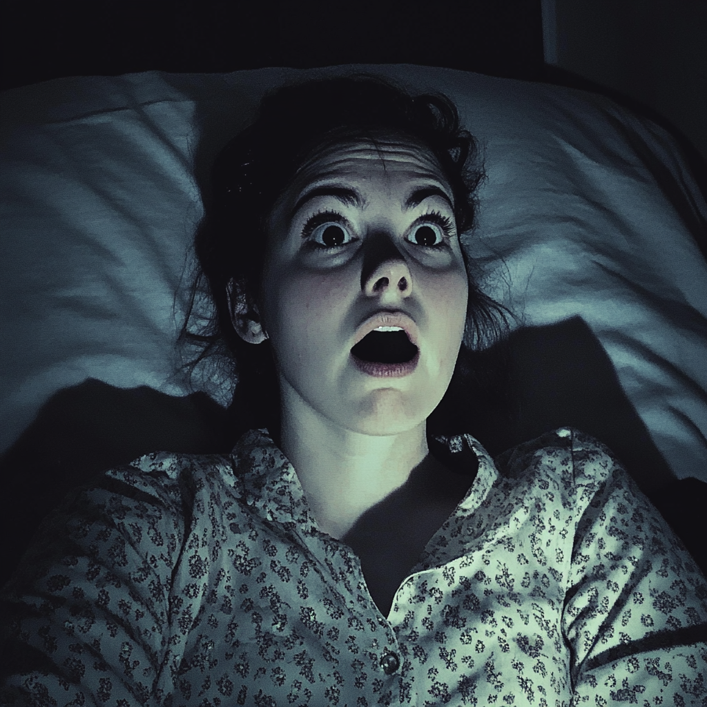 A shocked woman in her bed | Source: Midjourney