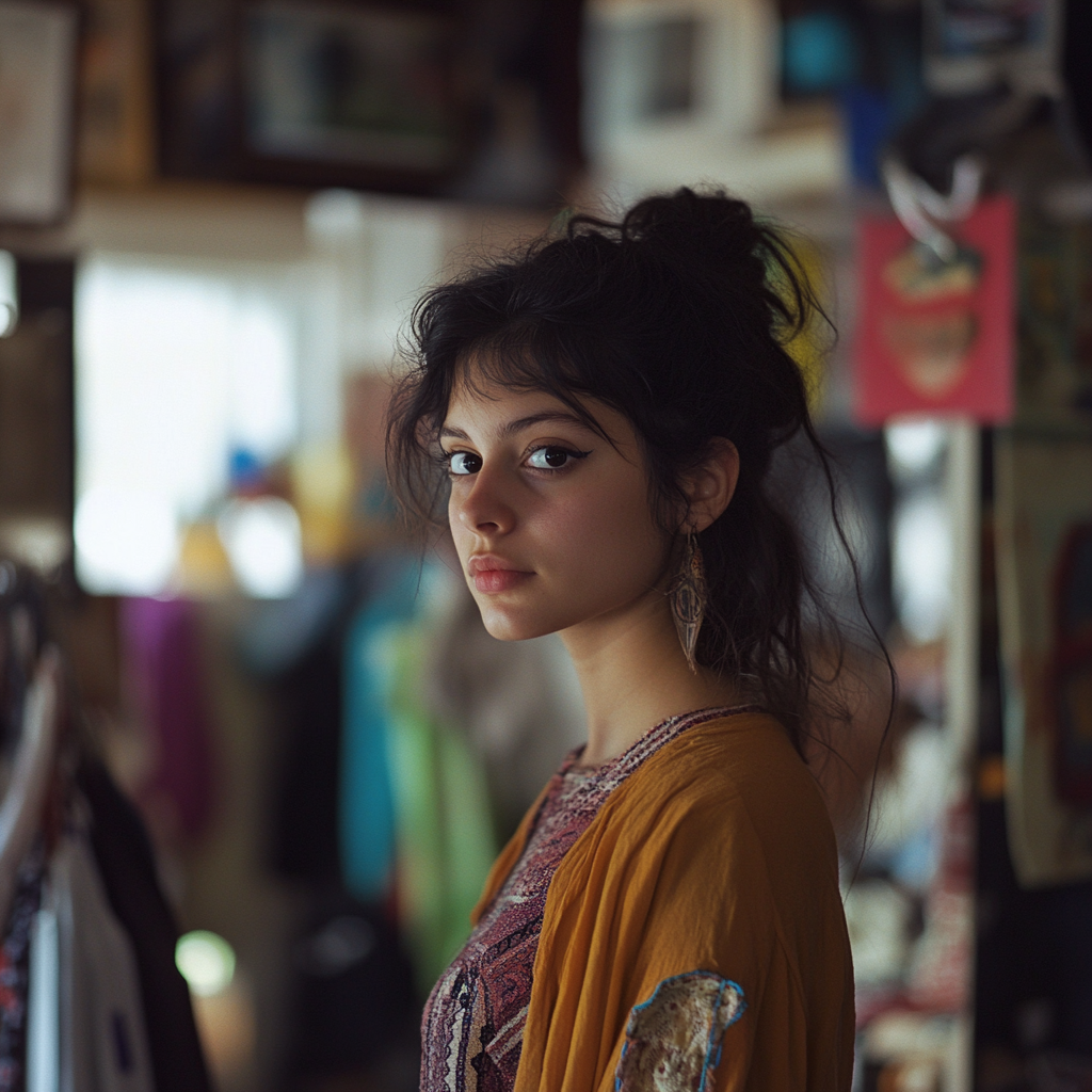 A young woman in a thrift shop | Source: Midjourney