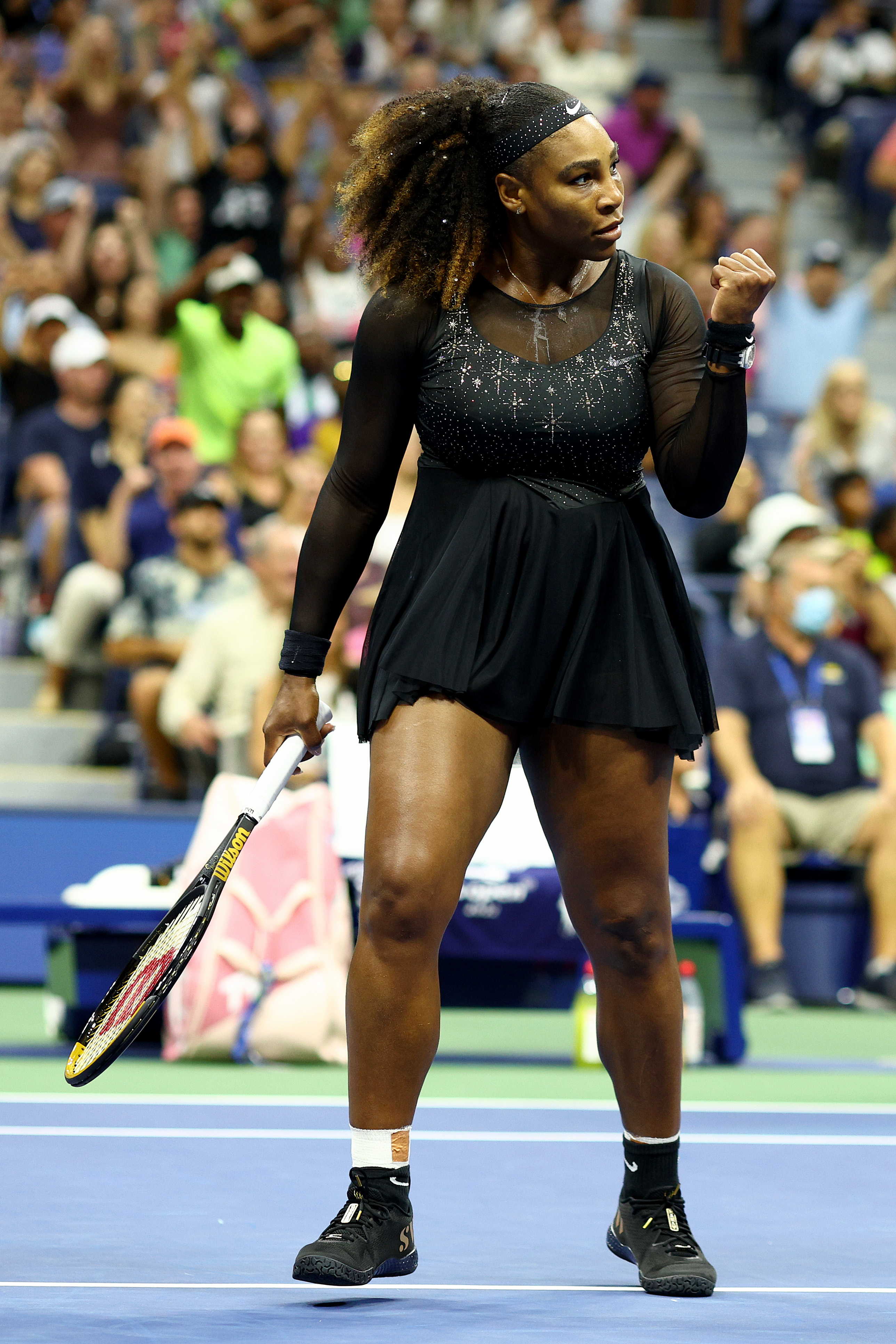 Serena Williams reacts to a point against Danka Kovinic in the US Open first round in New York City on August 29, 2022. | Source: Getty Images