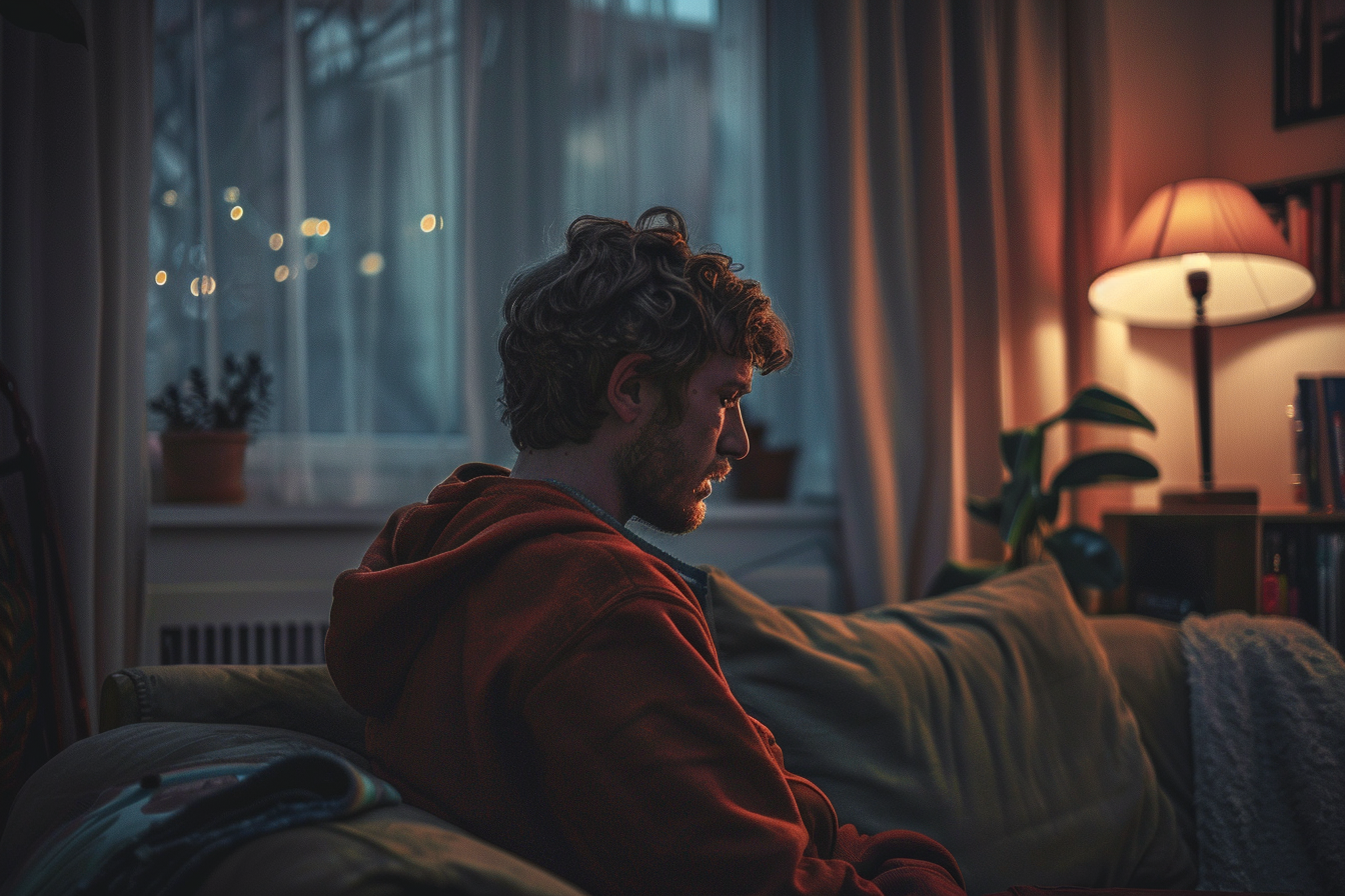 A tense man sitting on a sofa | Source: Midjourney