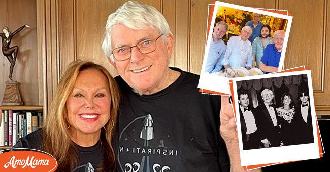 Photo of Phil Donahue and Marlo Thomas [main], Father's Day celebration with Phil Donahue and his sons [top right], Phil Donahue with his sons Michael and Jim and his daughter Mary Rose at the celebration of the 25th anniversary of the Donahue TV show [bottom right] | Source: Getty Images, Instagram.com/marlothomas/