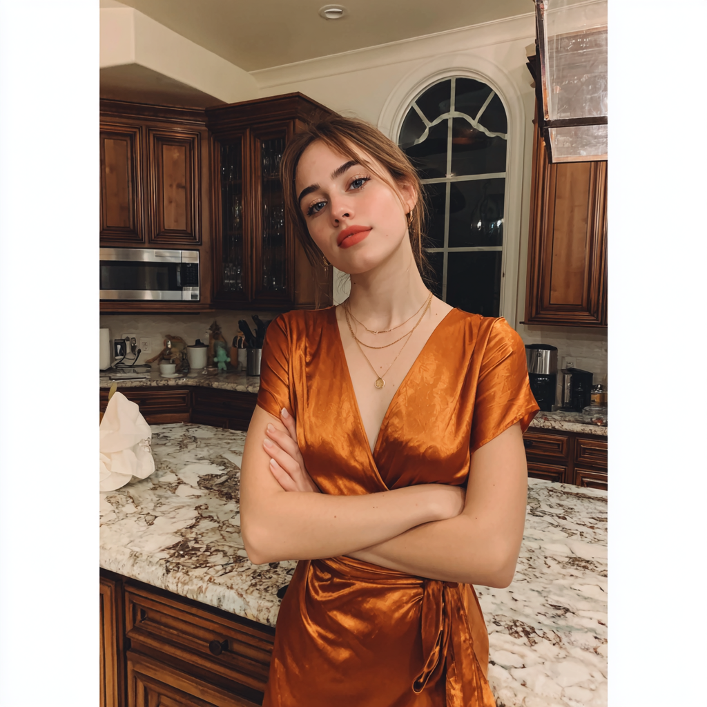 A woman standing in a kitchen with folded arms | Source: Midjourney