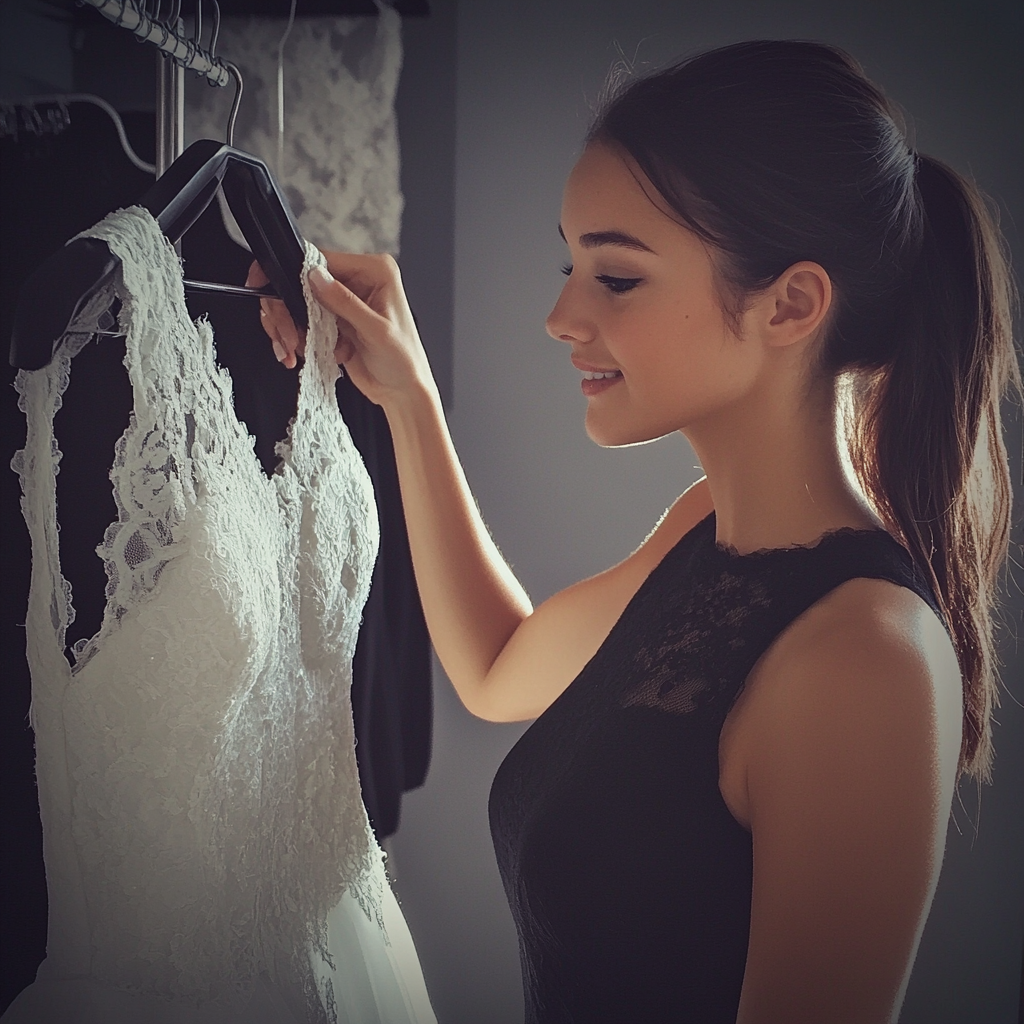 A saleswoman holding a wedding gown | Source: Midjourney