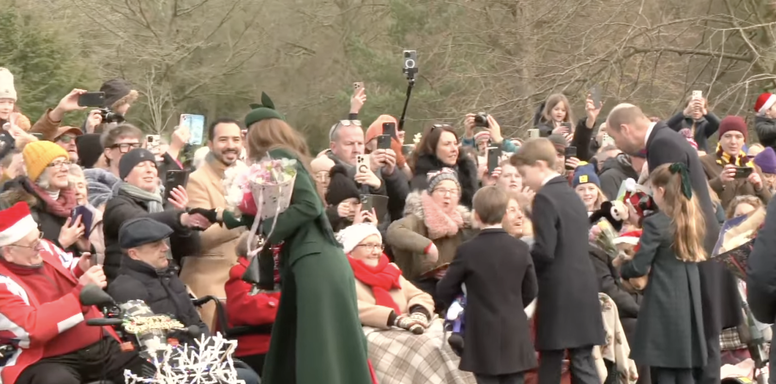 Catherine, Princess of Wales, and her family greeting the crowd at St. Mary Magdalene Church on December 25, 2024, in Norfolk, England. | Source: YouTube/The Royal Family Channel