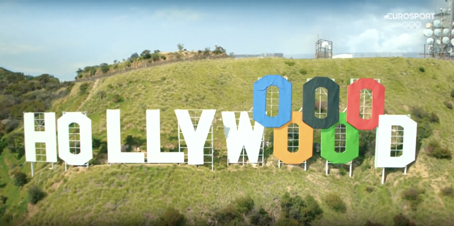 A bird's-eye view of the Olympic-revamped Hollywood sign, posted on August 12, 2024 | Source: YouTube/Eurosport