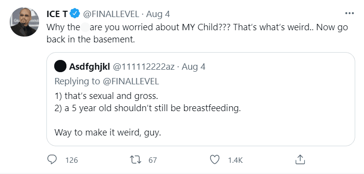 Ice T's tweet to shun critics about his daughter still breastfeeding. | Photo: Twitter.com/FINALLEVEL/