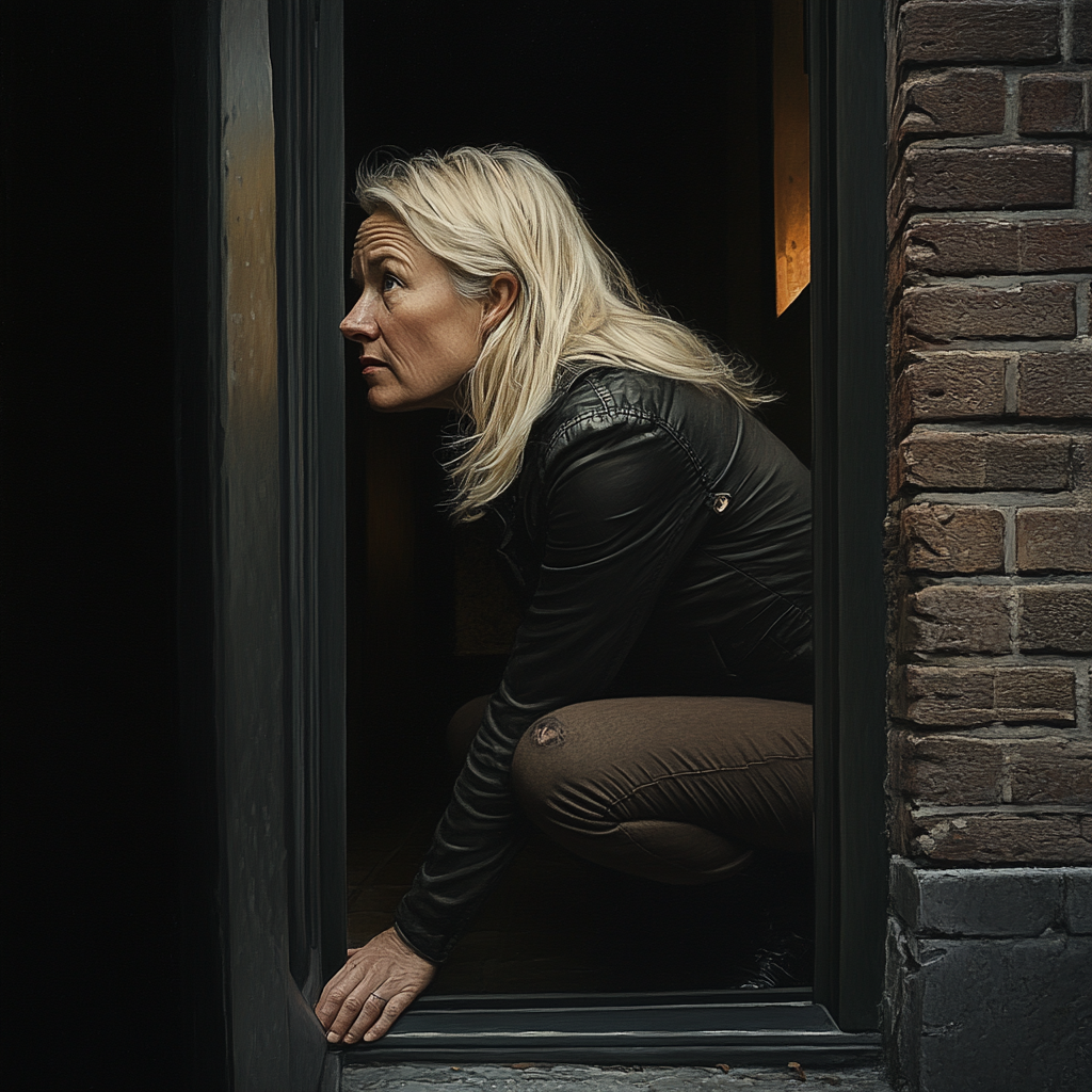 A woman crouching near a window | Source: Midjourney