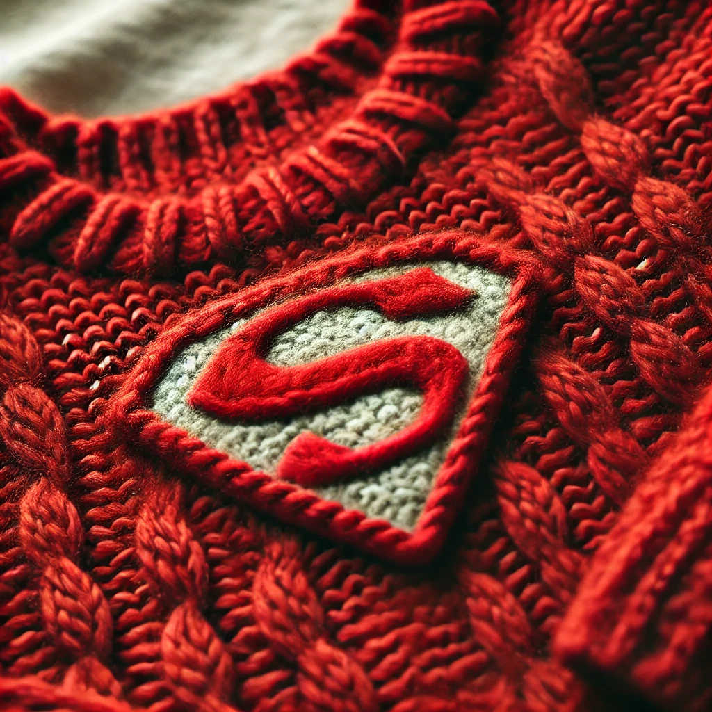 A knitted sweater with a superhero emblem | Source: DALL-E