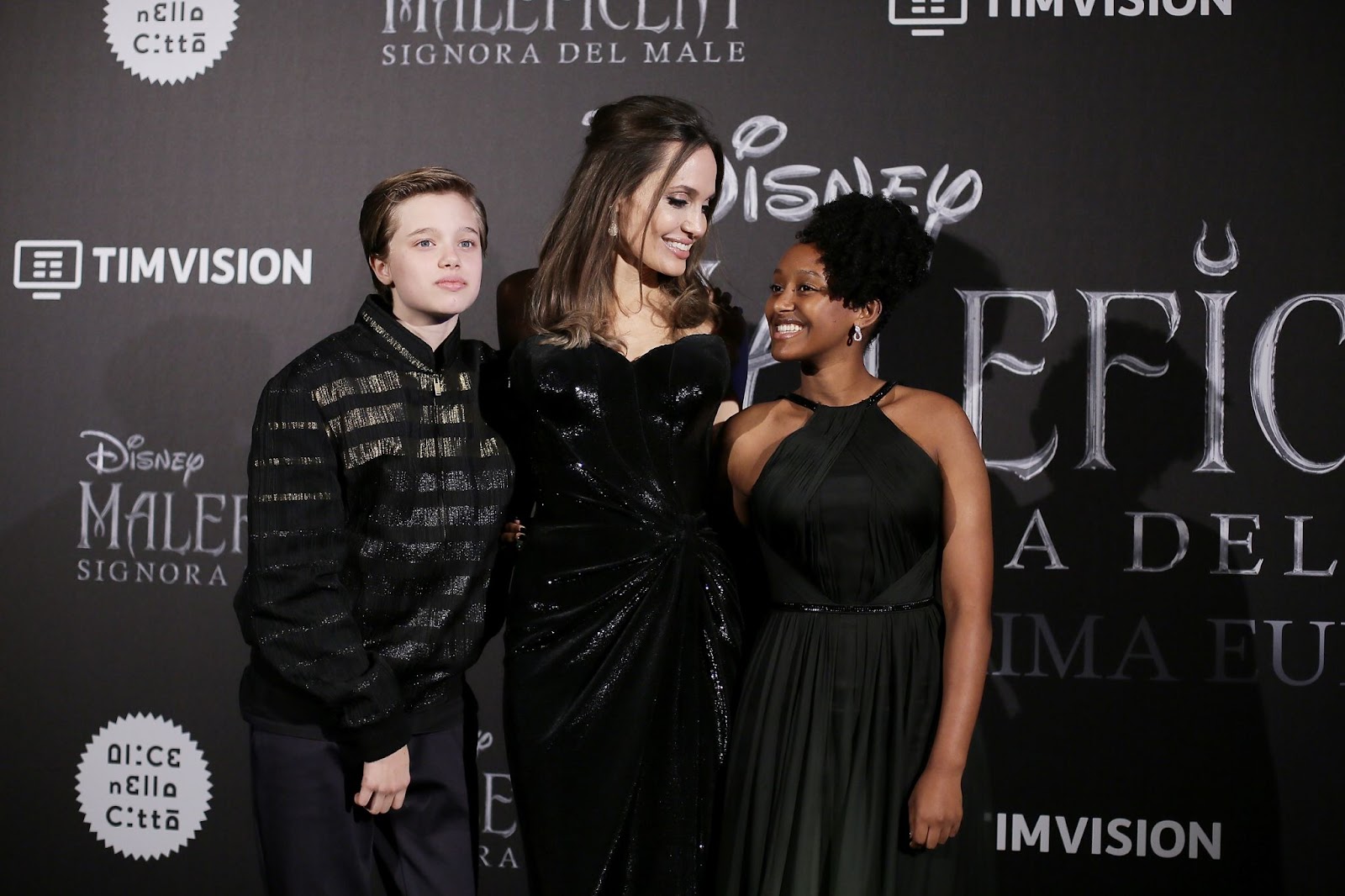 Angelina Jolie with Shiloh and Zahara at the European premiere of "Maleficent: Mistress Of Evil" on October 7, 2019, in Rome, Italy. | Source: Getty Images