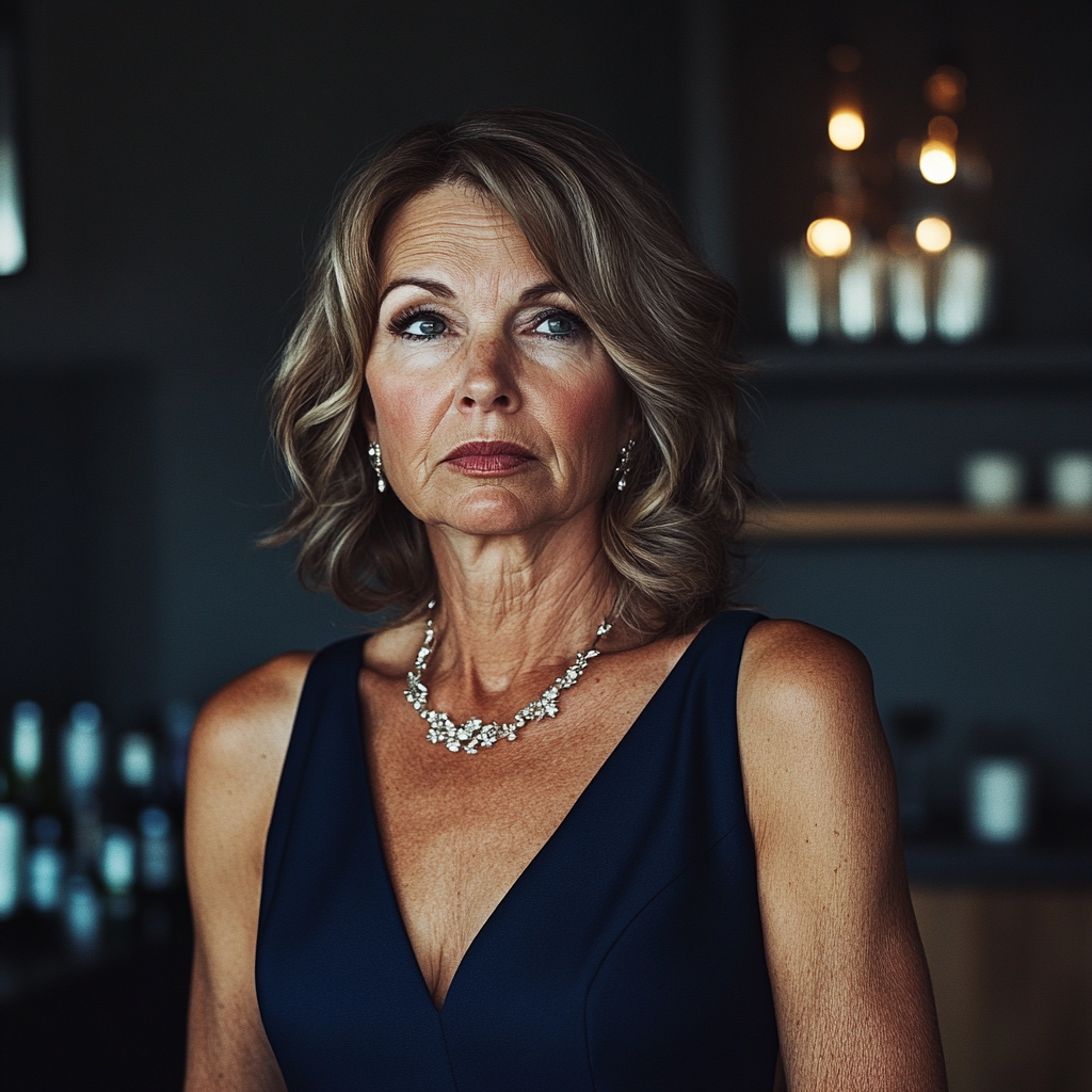 A pensive woman in a navy dress | Source: Midjourney