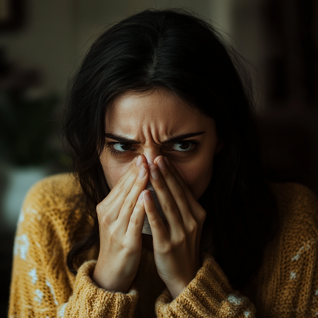 Woman covering her nose due to a foul smell | Source: Midjourney