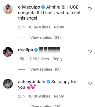 A screenshot of Olivia Culpo's comment on Gigi Hadid's post on her instagram page | Photo: instagram.com/gigihadid/