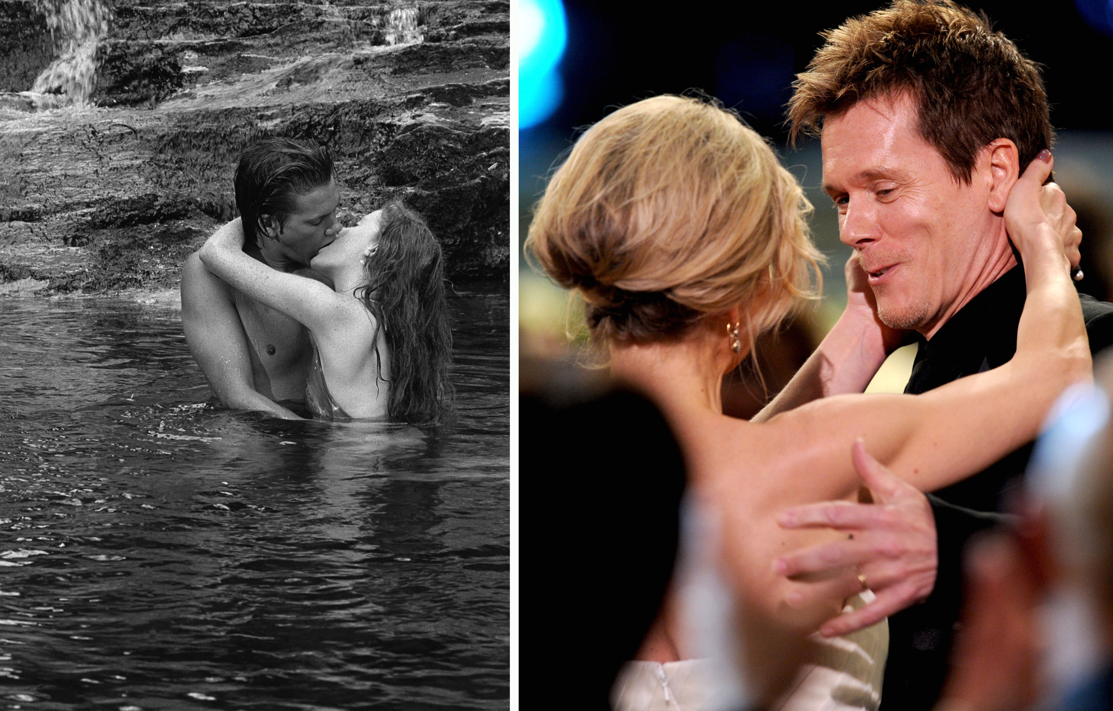 Kevin Bacon as Tim Werner and Kristen Vigard as Morgan Richards appear in a scene on the soap opera 'Guiding Light' on June 24, 1980. | Kyra Sedgwick and Kevin Bacon kiss at the 16th Annual Screen Actors Guild Awards, on January 23, 2010 in Los Angeles, California. | Source: Getty Images