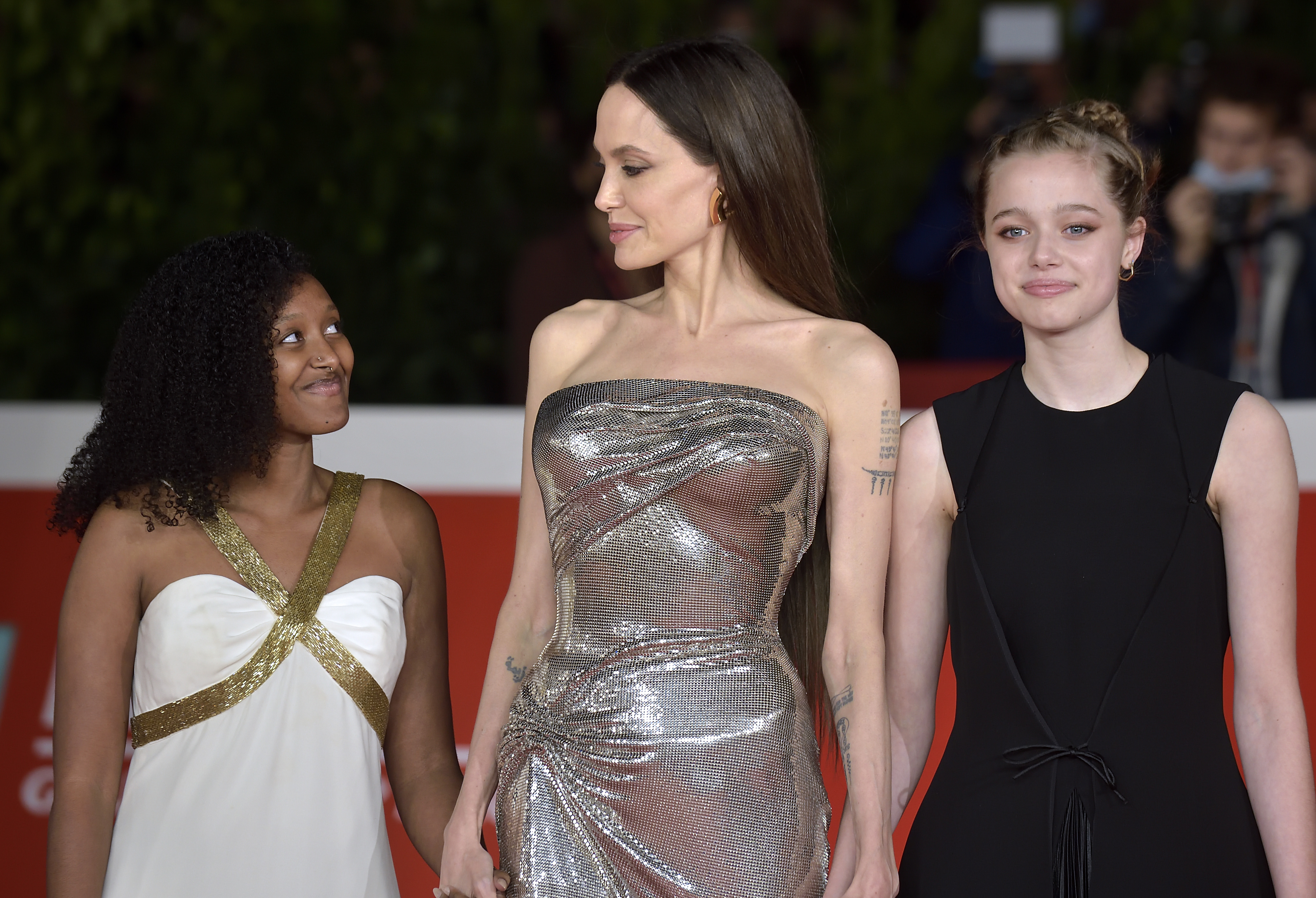 Zahara Marley Jolie-Pitt, Angelina Jolie, and Shiloh Jolie-Pitt at the Rome Film Fest for "Eternals" in Italy on October 24, 2021 | Source: Getty Images