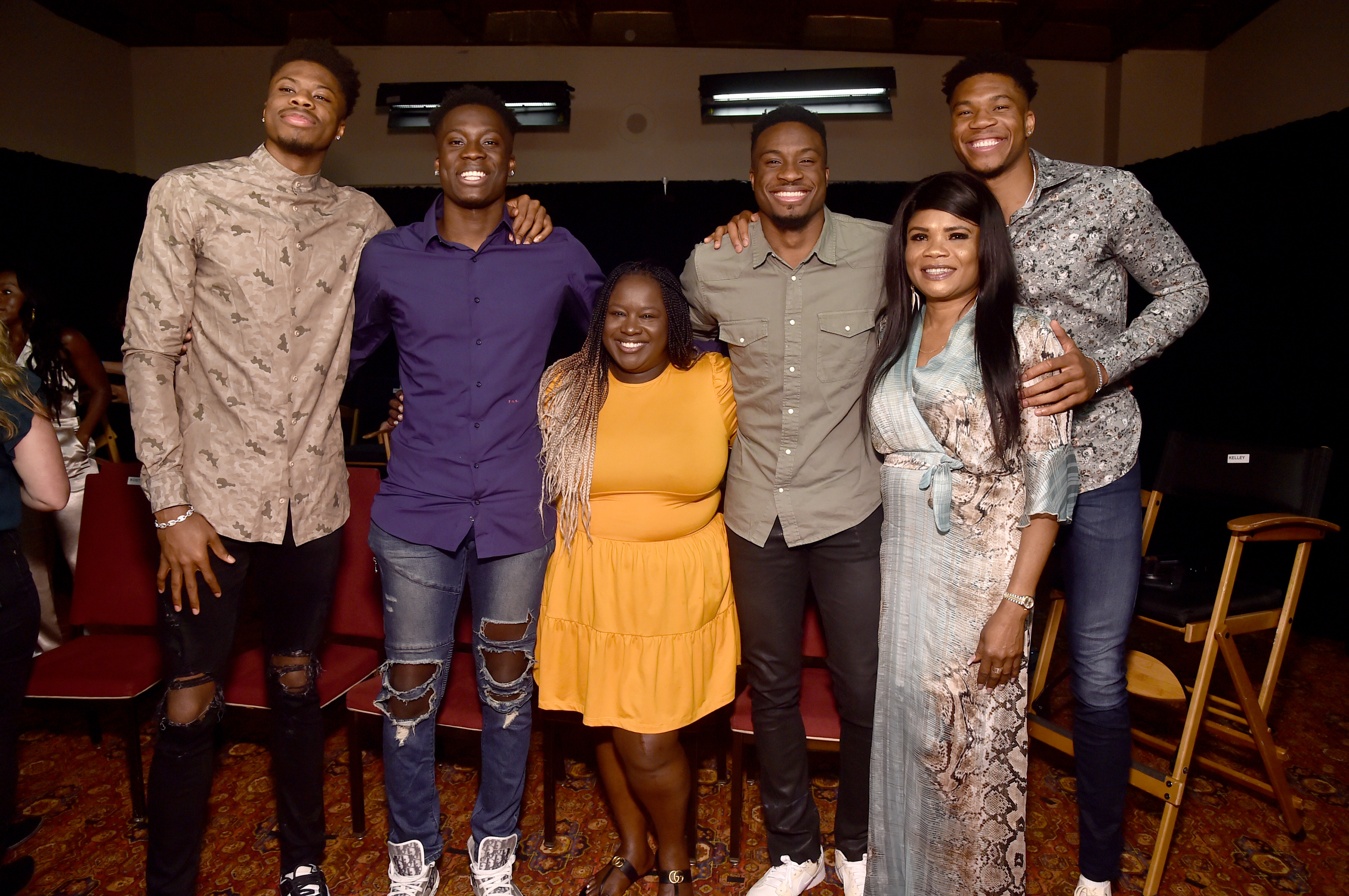 Kelley L. Carter, Kostas,  Alex, Thanasis, Veronica, and Giannis Antetokounmpo during press for "Rise" in Los Angeles, California, on June 21, 2022. | Source: Getty Images