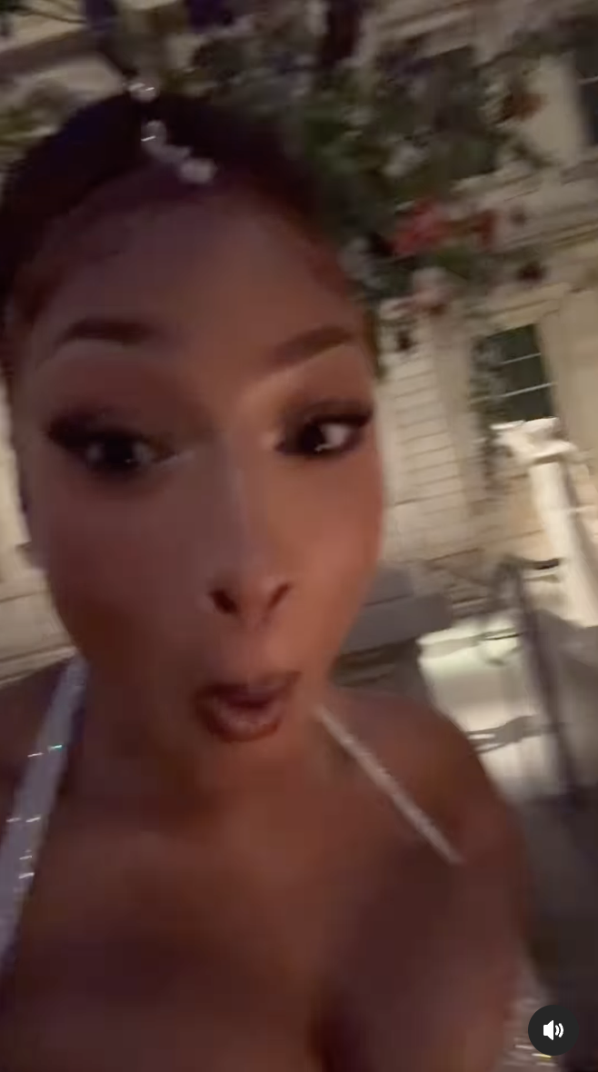 A screenshot of Megan Thee Stallion while recording herself at the Met Gala, dated May 6, 2025 | Source: Instagram/A photo of Megan Thee Stallion, dated May 6, 2025 | Source: Instagram/theestallion