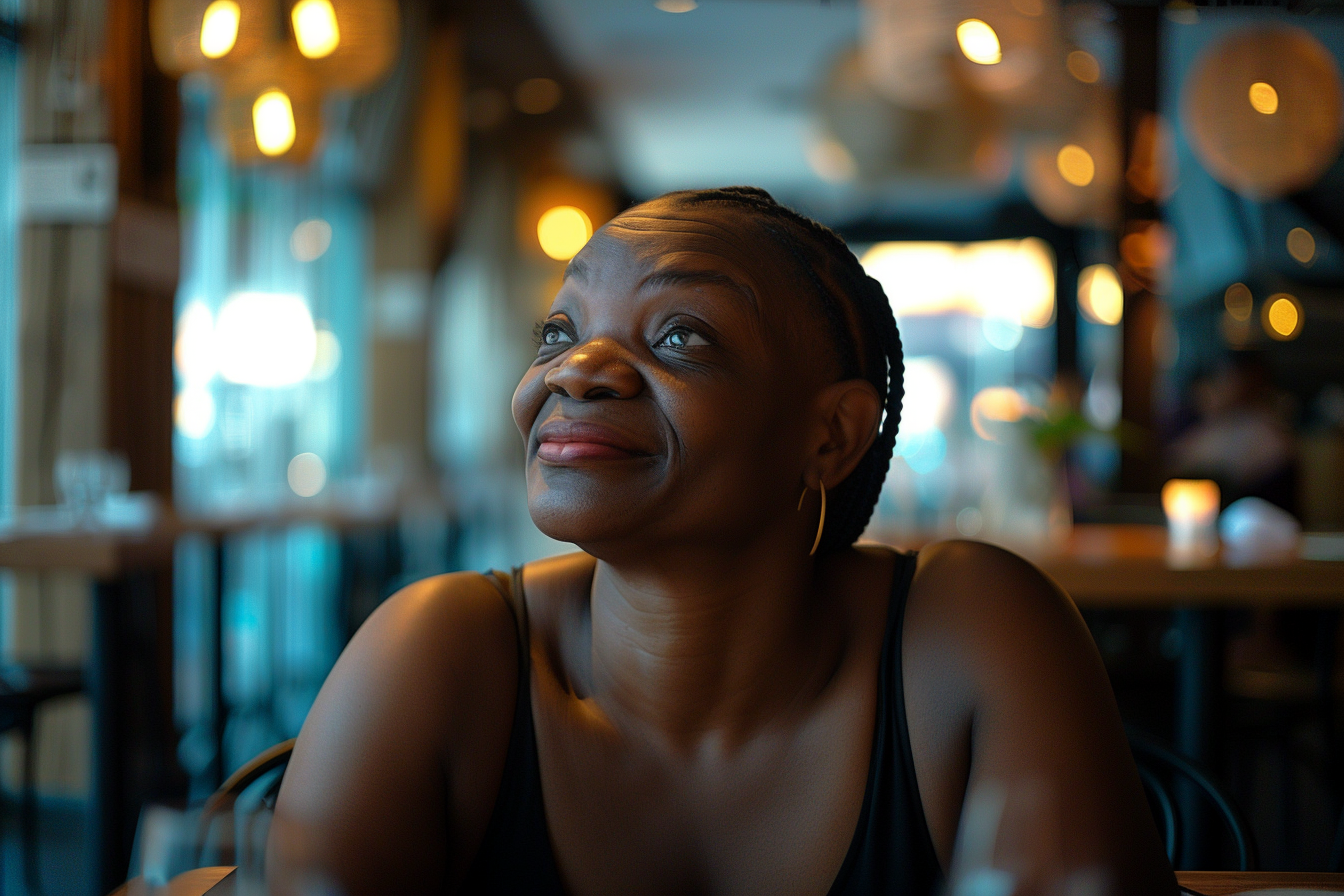 A woman at a restaurant looking up and smiling | Source: Midjourney