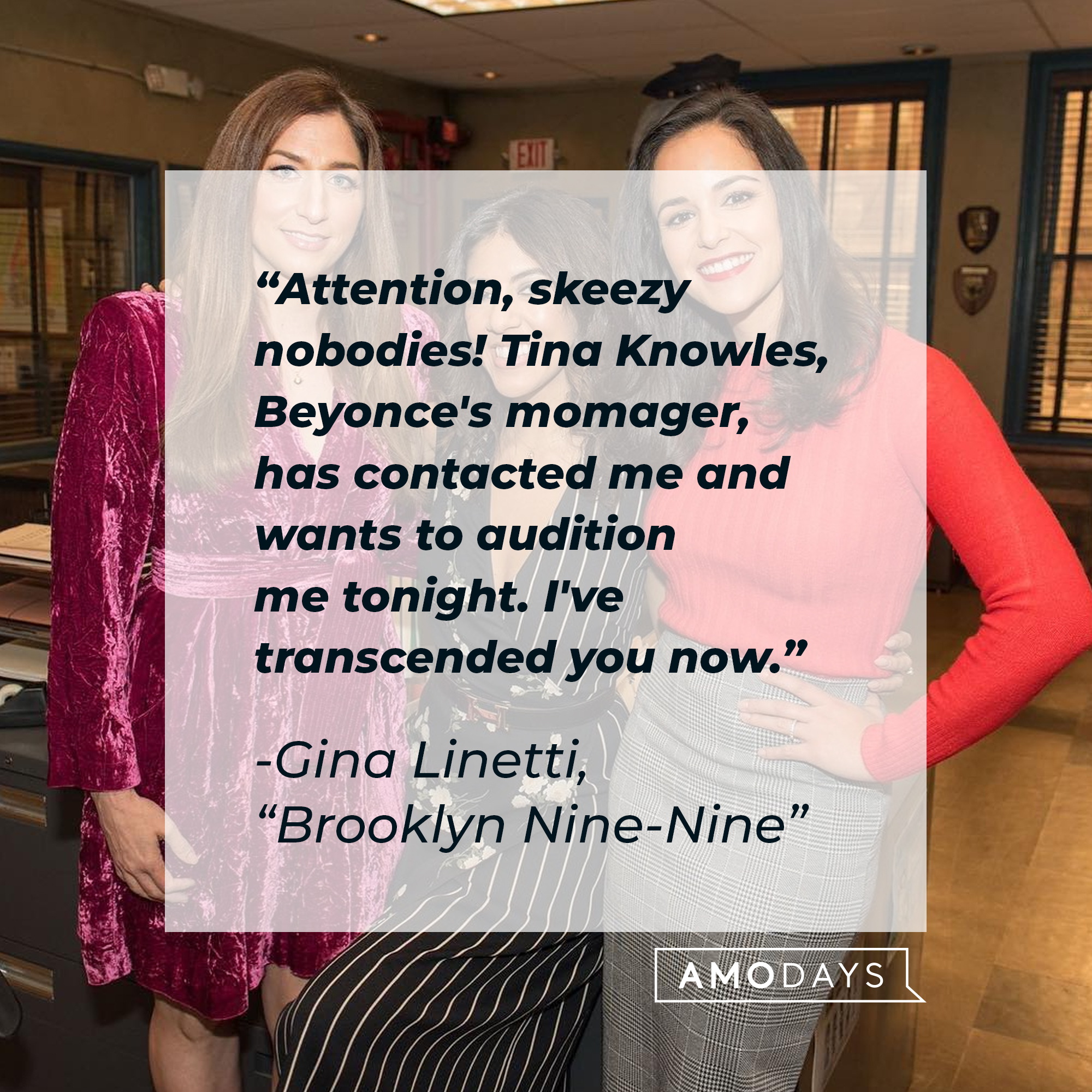Gina Linetti with her quote: "Attention, skeezy nobodies! Tina Knowles, Beyonce's momager, has contacted me and wants to audition me tonight. I've transcended you now." | Source: Facebook.com/BrooklynNineNine