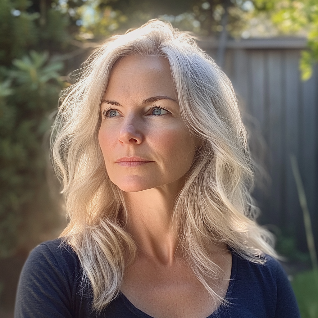 A woman standing in a backyard | Source: Midjourney