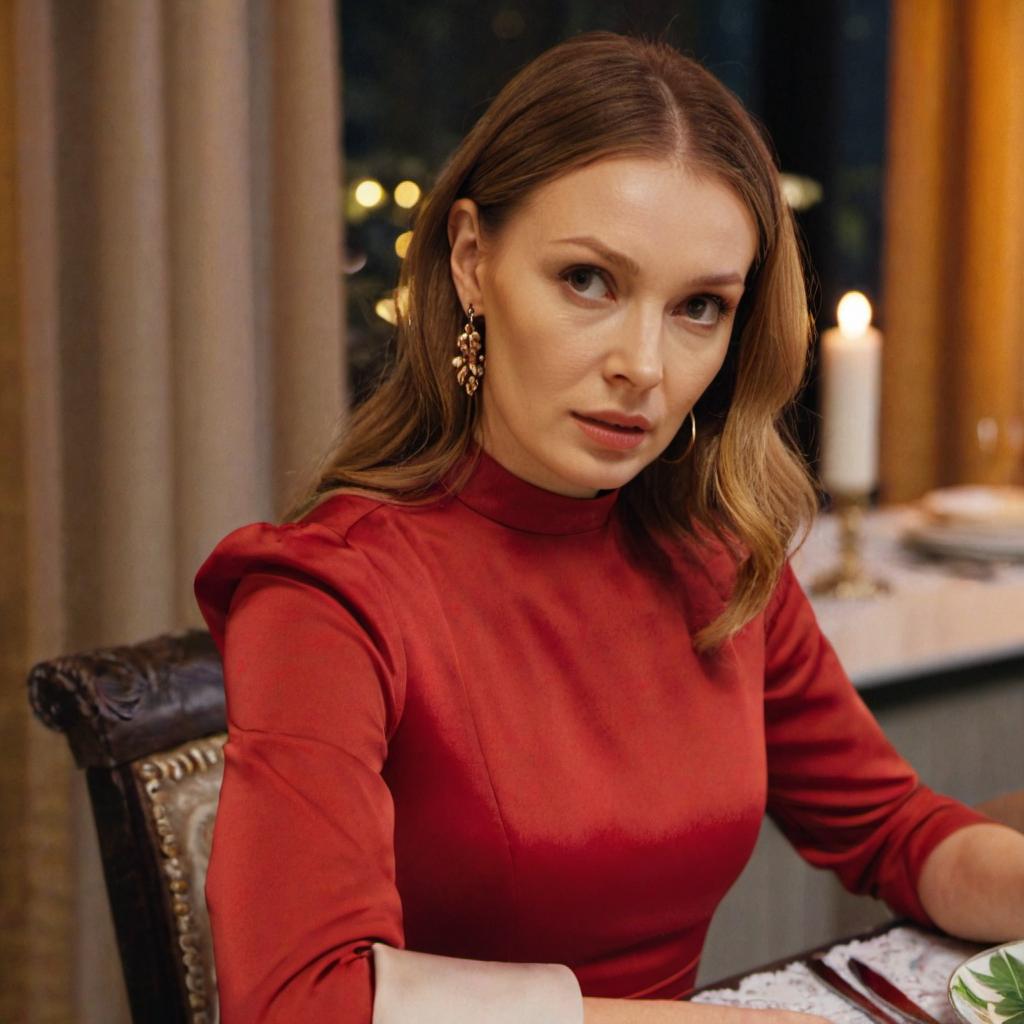 A woman in conversation at a dinner table, looking serious | Source: Midjourney