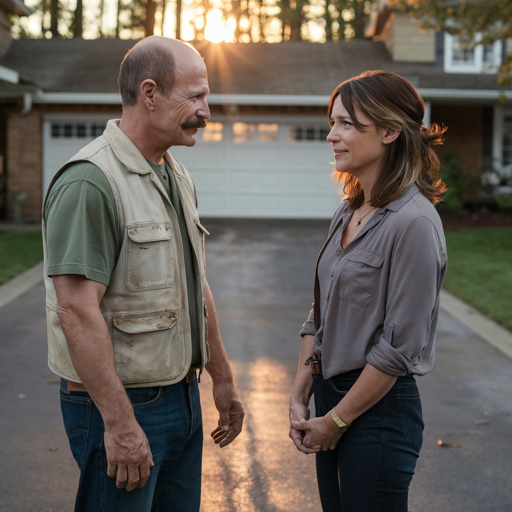 A man and woman conversing peaceably in a driveway | Source: Midjourney