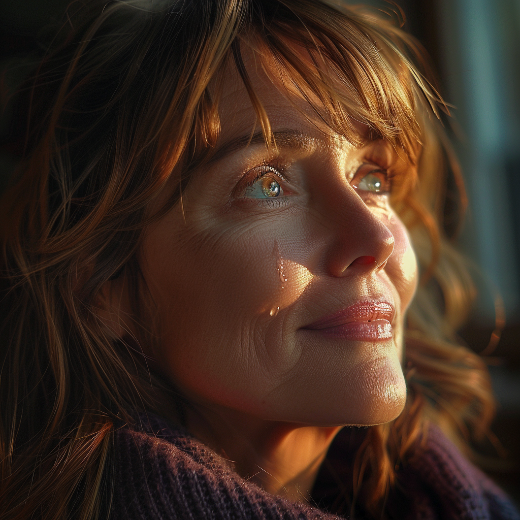 Highly emotional woman looking up and smiling | Source: Midjourney