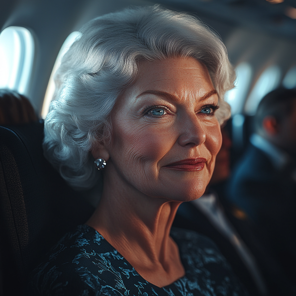 A senior woman smiling on a flight | Source: Midjourney