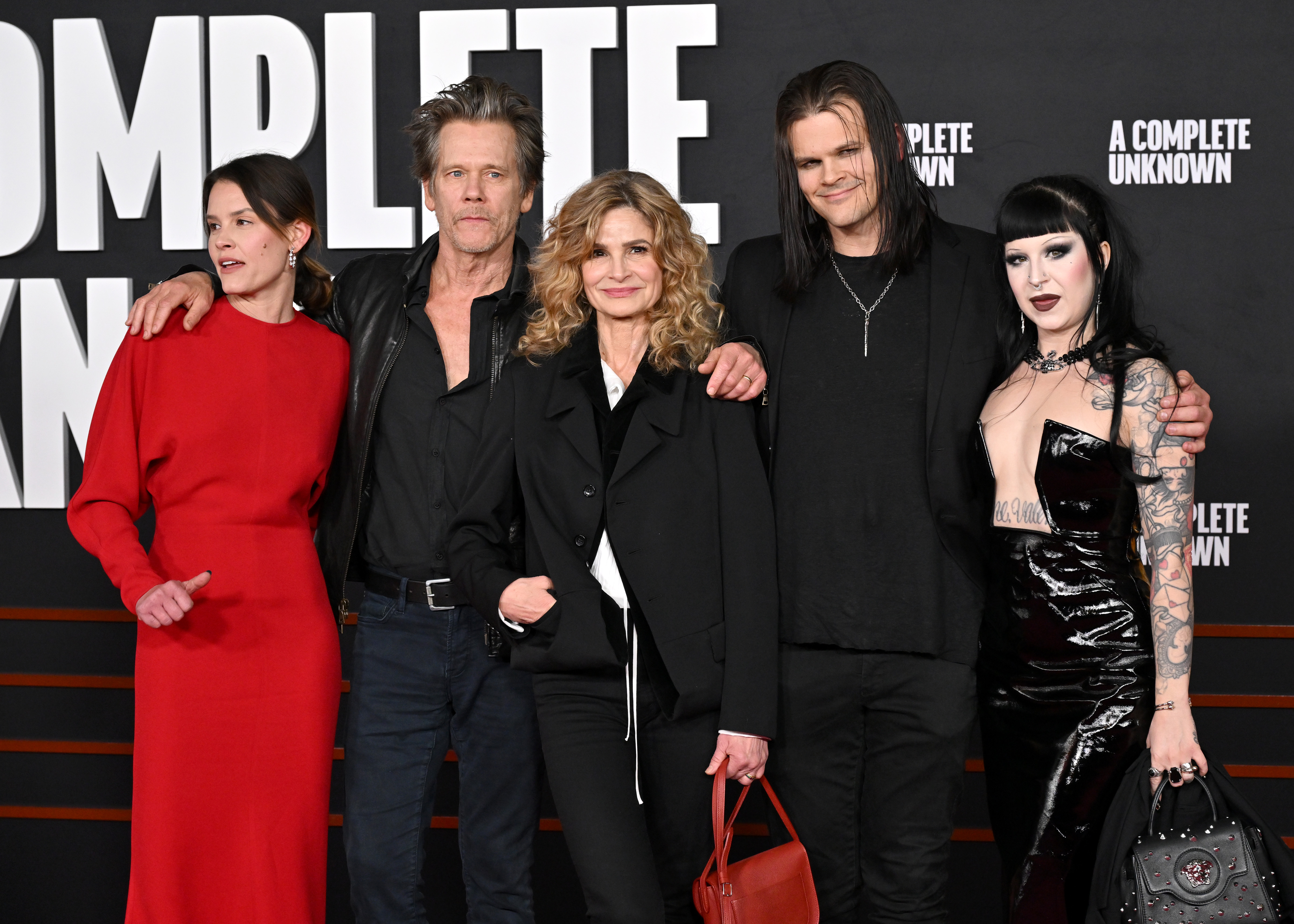 Sosie and Kevin Bacon, Kyra Sedgwick, Travis Bacon, and Angelina Sambrotto attend the Los Angeles premiere of "A Complete Unknown" on December 10, 2024, in Hollywood, California. | Source: Getty Images